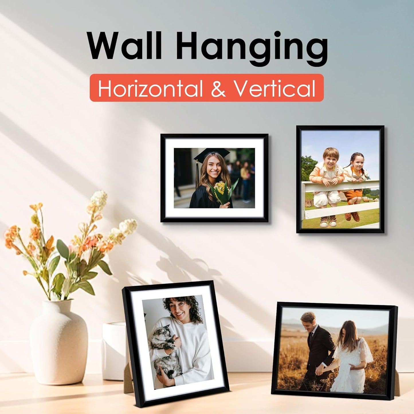 FIXSMITH 8x10 Picture Frame Set of 10, Black Photo Frames Bulk with HD Plexiglass, Display Pictures 5x7 with Mat or 8x10 Without Mat, Multi Picture Frames Collage for Tabletop or Wall Display