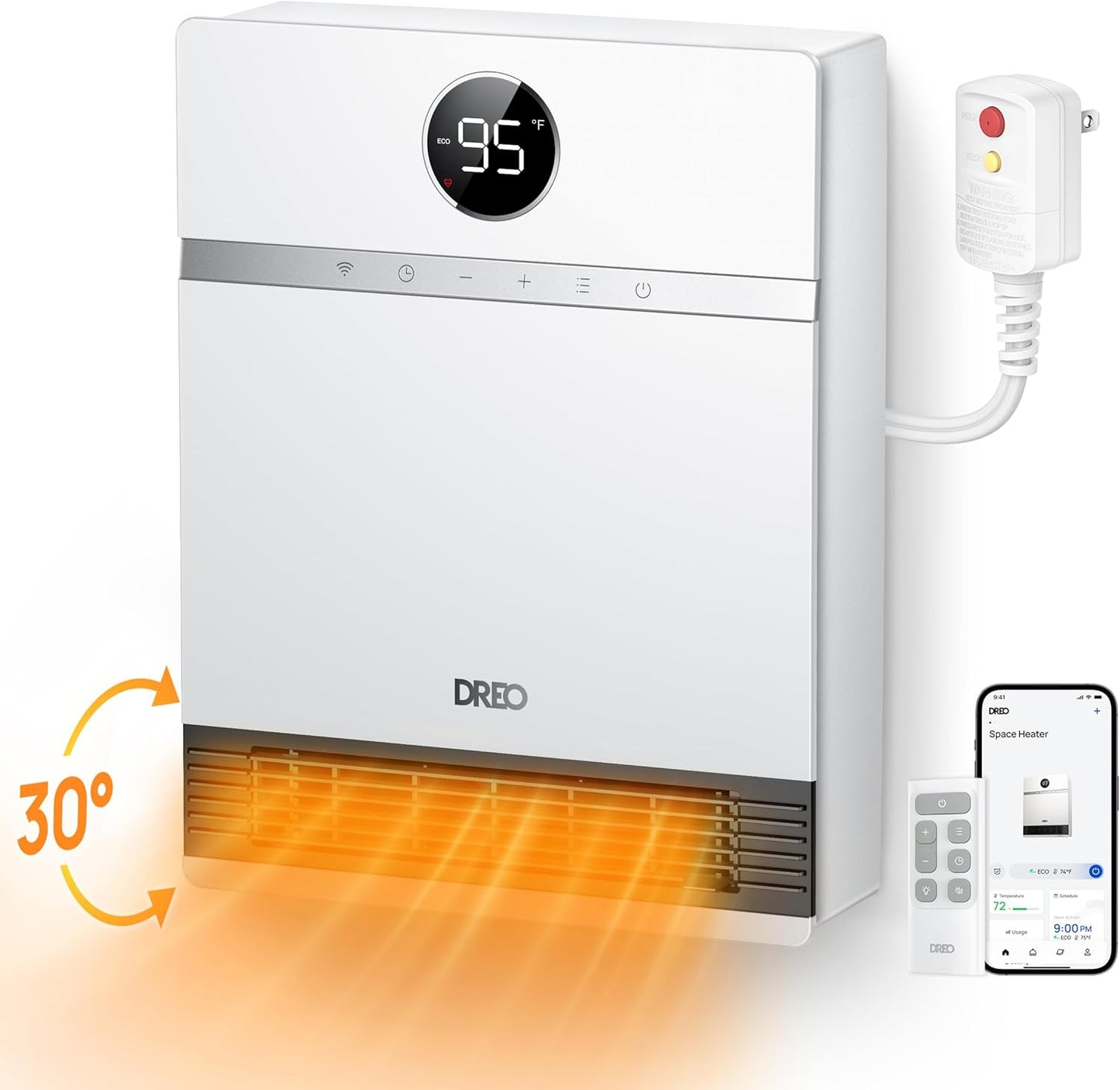 Dreo Smart Wall Heater, IP24 Electric Space Heater with ALCI Plug for Indoor Use, 30° Oscillation, Adjustable Thermostat, Remote Control, Works with Alexa, 24H Timer, Easy-mounted Heater for Bathroom