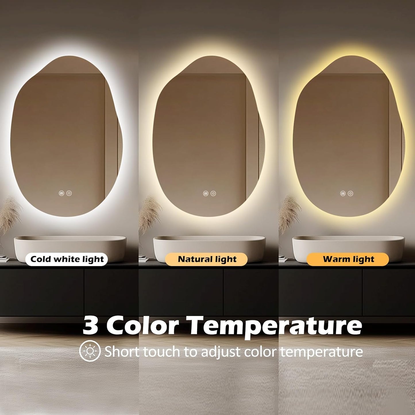 LED Light Bathroom Mirror 22x32, Stepless Dimmable Irregular Backlit Mirror with 3 Colors, Anti-Fog, Memory, Al-Alloy Lampshade, Frameless Makeup Mirror for Bathroom (Horizontal/Vertical)