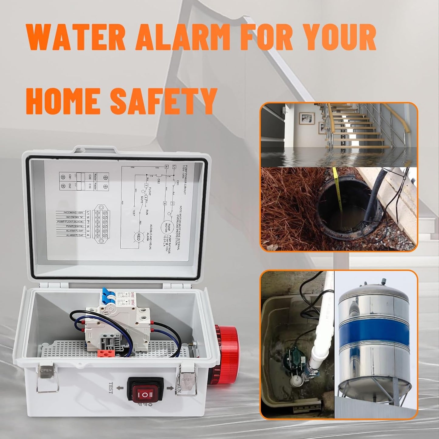 High Water Alarm, Septic Tank Alarm , Sump Pump Alarm with Light and 110 Db Alarm ， Automatic Or Manual Start Water Pump