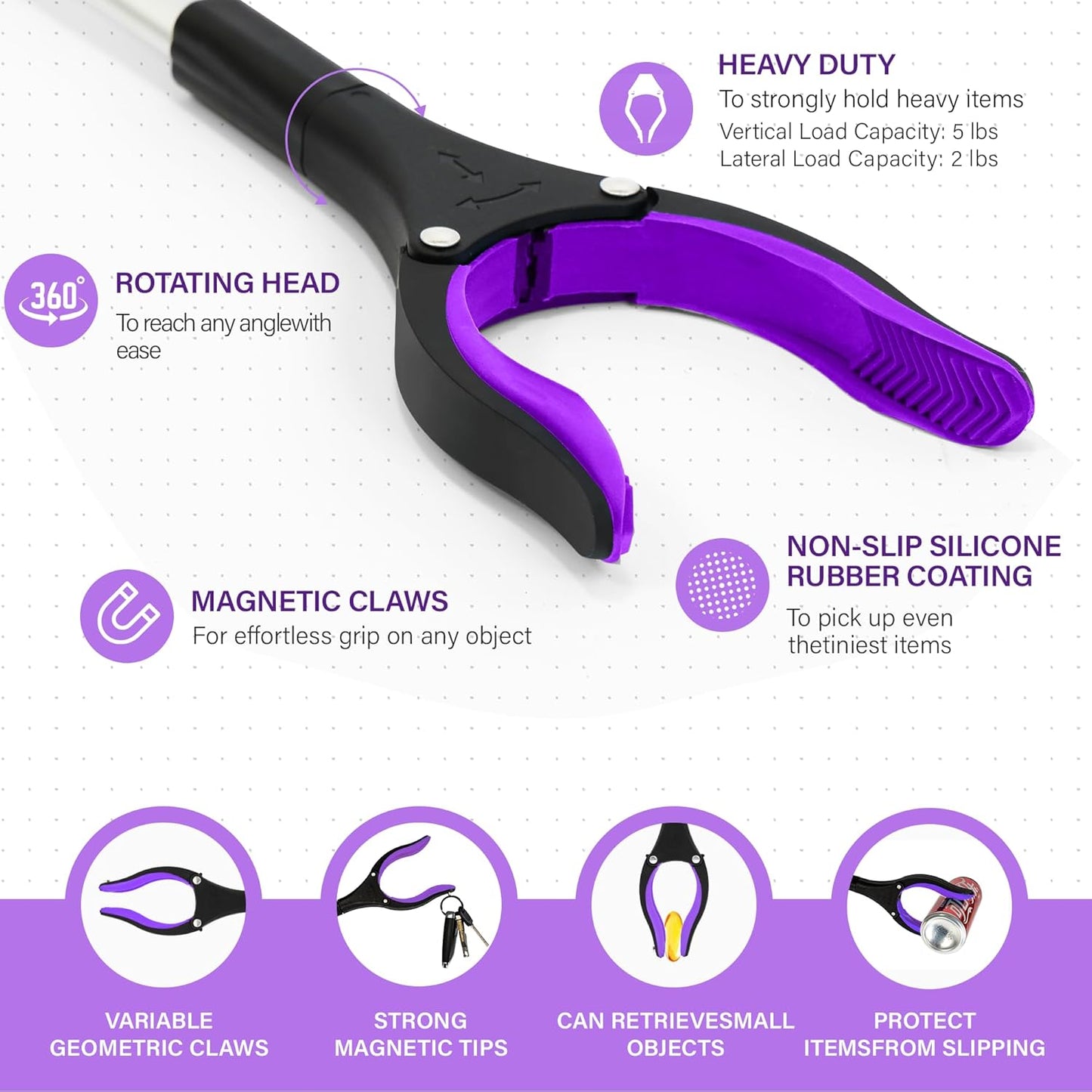 Grabber Reacher Tool - 32” Reacher Grabber Tool with Strong Magnetic and Swivel Head - FDA Registered Heavy Duty Pick Up Stick Grabbers for Seniors, Trash, Surgery Recovery Must Haves Gifts(Purple)