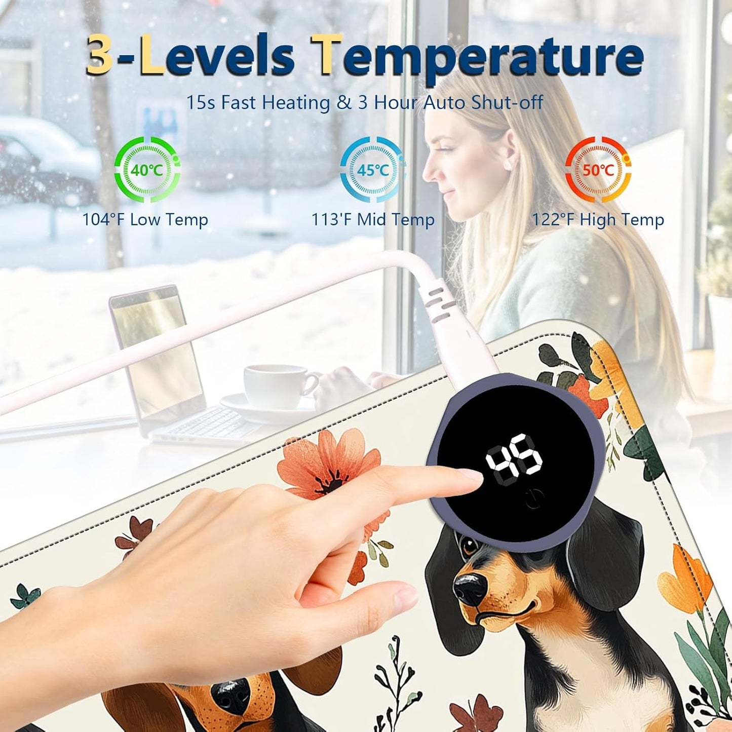 Heated Mouse Pad with 3 Temperature Settings(104°F–122°F),Large 31.5x13 Inch PU Leather Heated Desk Mat,Waterproof Warming Pad for Office,Gaming & Cold Hands Relief,Dogs and Flowers