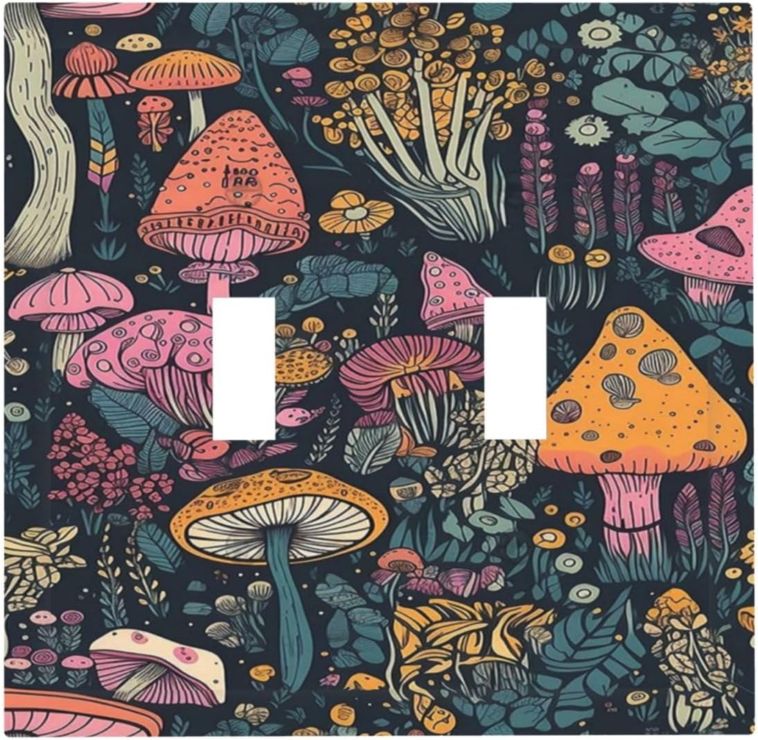 Decorative Light Switch Cover Multicolored Mushrooms Colorful Plant Double Toggle Switchplate 2 Gang Personalized Wall Plate Switchcovers Decora Light Switch Plate for Home Decor