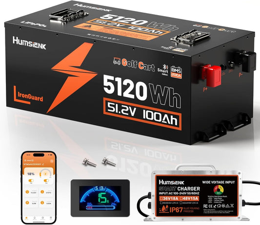 48V 100Ah Golf Cart Battery with Cylindrical Cell & Metal Case, LiFePO4 Lithium Battery with 15A Charger, Bluetooth APP & LCD Monitor, 15000+ Cycles, 200A BMS with Low-Temp Protection for Golf Carts