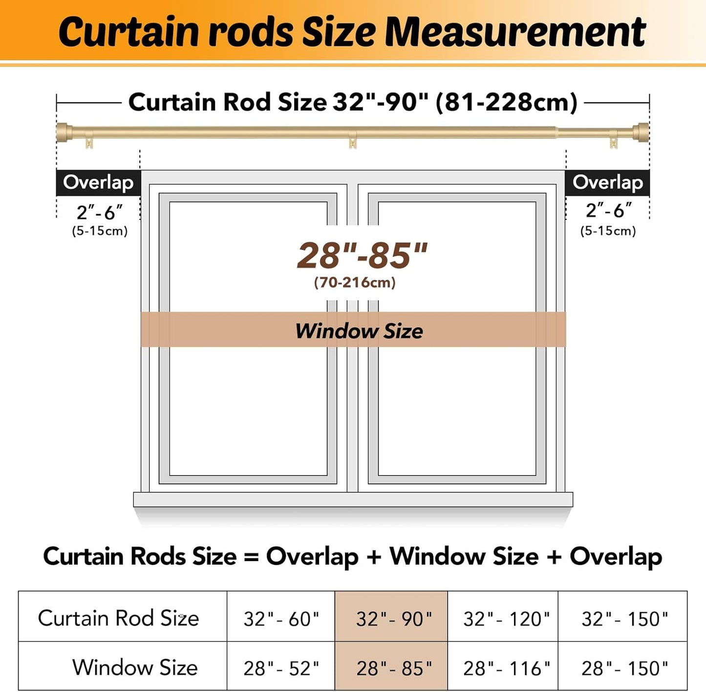 GEEBOBO 2 Pack Gold Curtain Rods for Windows 48 to 84 Inch, 1 Inch Adjustable Heavy Duty Decorative Curtain Rods, W1 (Gold, 32"-90",2 Pack)
