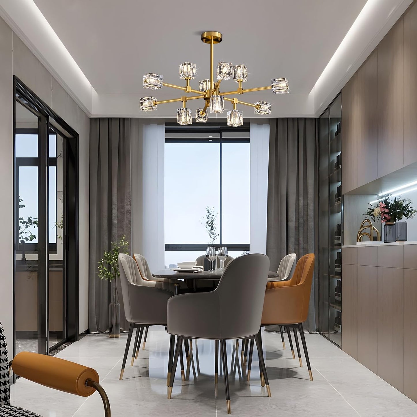 Crystal Chandeliers for Dining Room Light Fixtures,Gold Sputnik Chandelier with 12-Lights,Modern Adjustable Height Semi Flush Mount Ceiling Light Fixture for Kitchen Island Bedroom Entryway