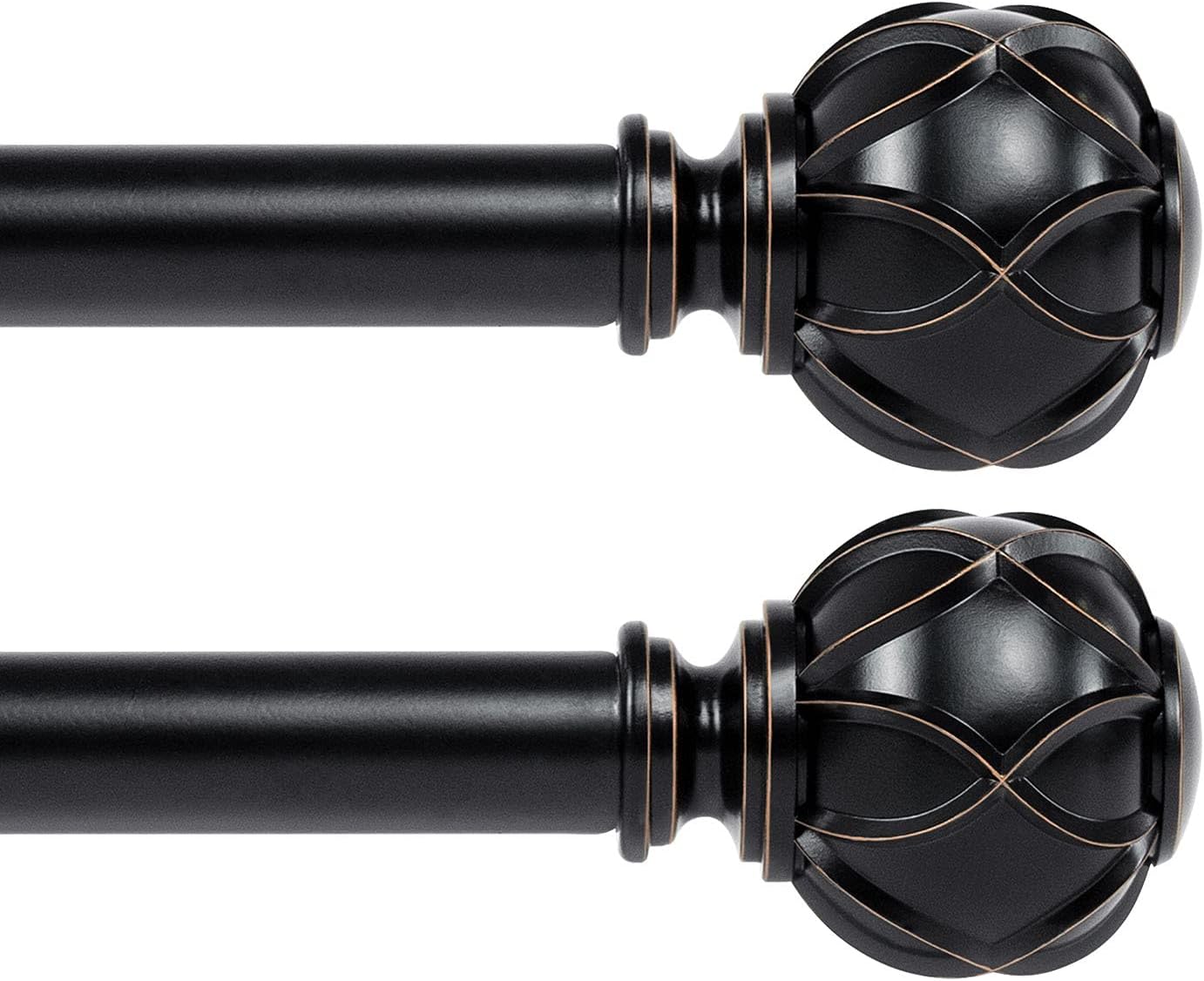 KAMANINA 1 Inch Curtain Rod Telescoping Single Drapery Rod 28 to 48 Inches (2.3-4 Feet), 2 Pack Black Curtain Rods for Windows 16 to 44 Inches, Netted Texture Finials