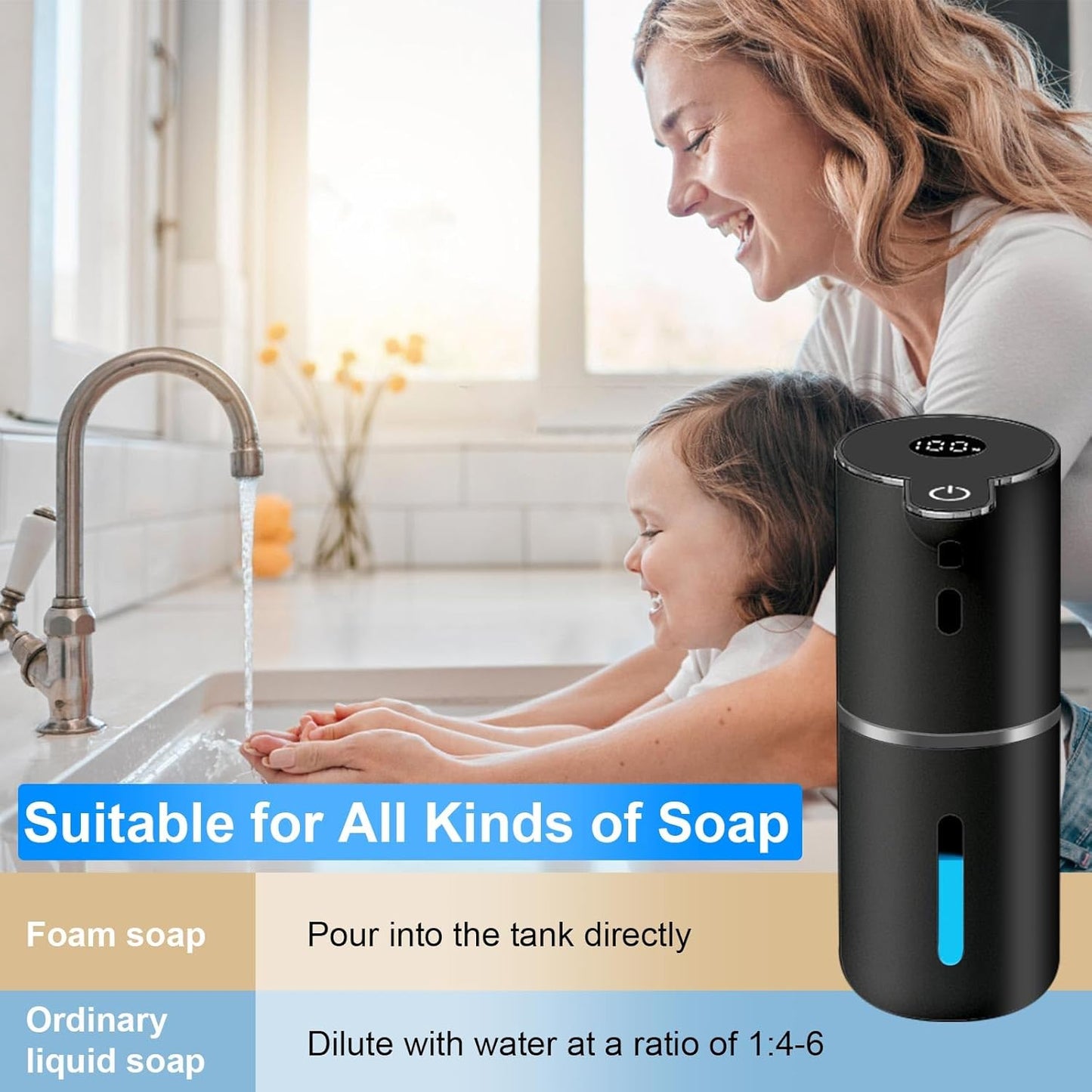 Automatic Foaming Soap Dispenser Touchless, USB Rechargeable Smart Hand Soap Dispenser, 6-Level Adjustable, 12.8oz/380mL, Compatible with Thick Thin Dish Soap for Bathroom Kitchen-Black