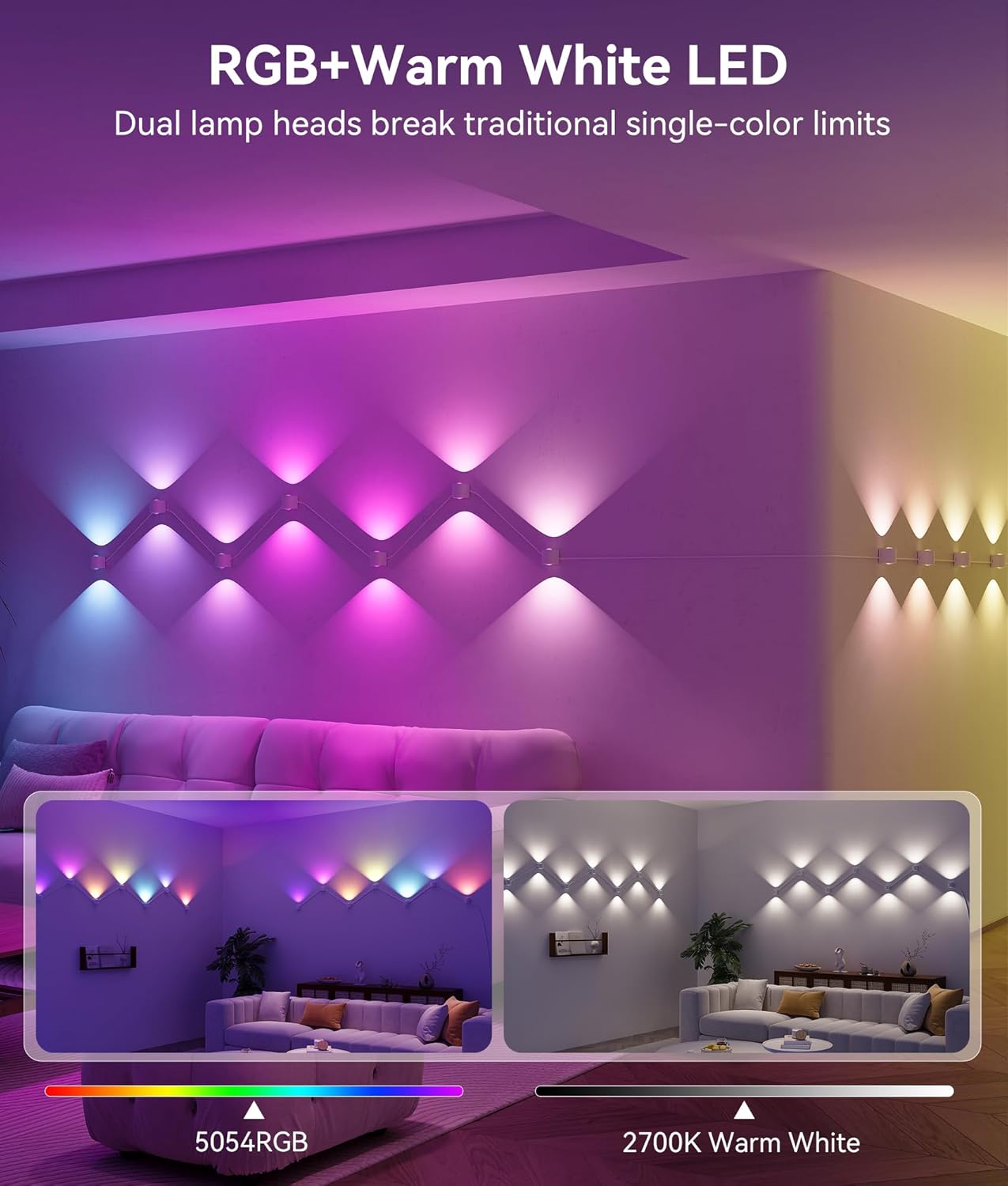 12 Lamp RGBCW Indoor Wall Lights, Up Down Lighting Bedroom Wall Sconces, Music Sync, DIY Styling White Color Changing Wall Lamps For Living room, Party, Home Decor, Compatible Alexa/Google Assistant