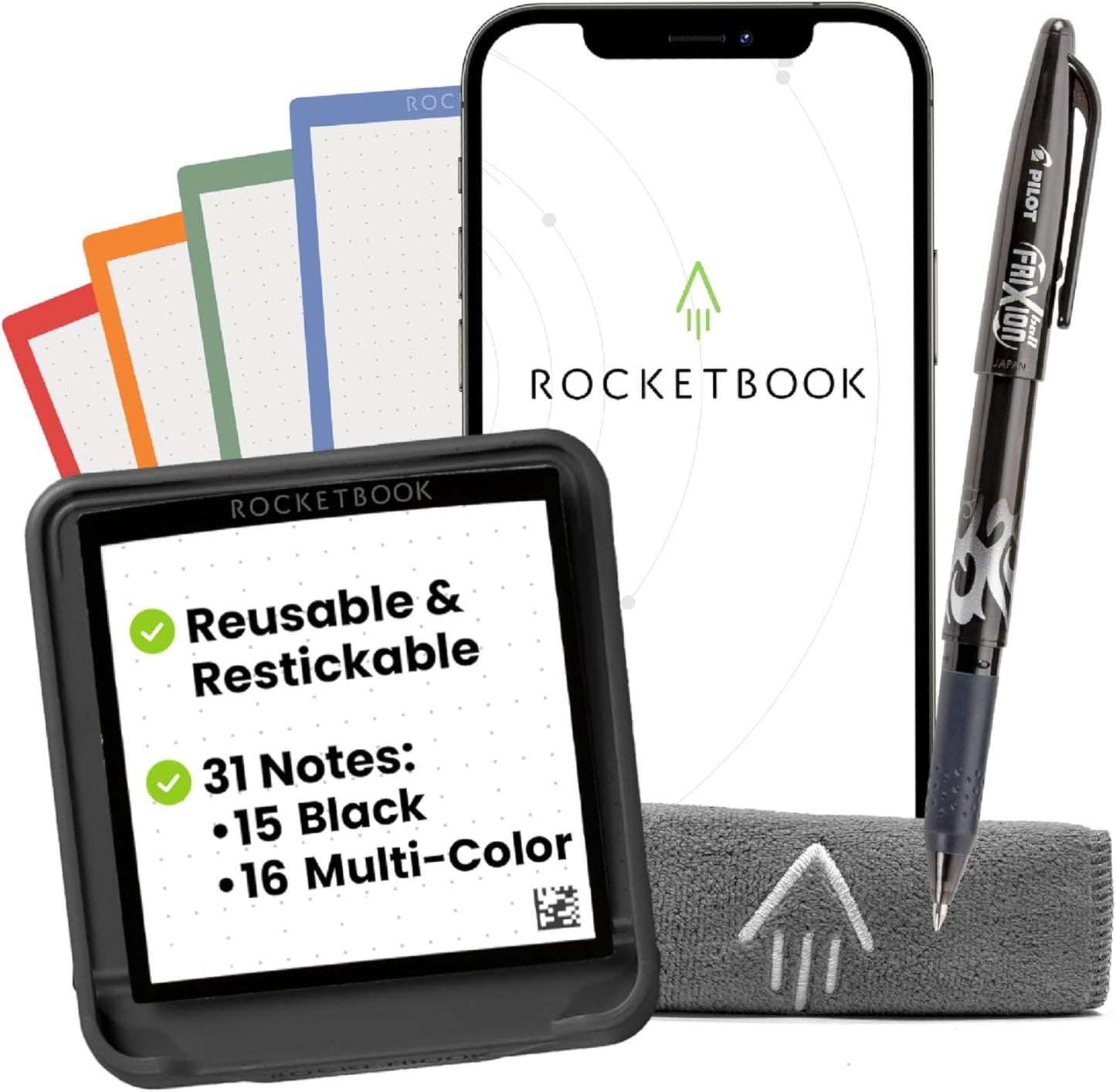 Rocketbook Reusable Sticky Notes, Restick and Reorganize Memo Pads, 3"x3", 16 Multi-Colored and 15 Black Sticky Notes, Includes Pen, Towel + Carrying Case (Kit of 2)