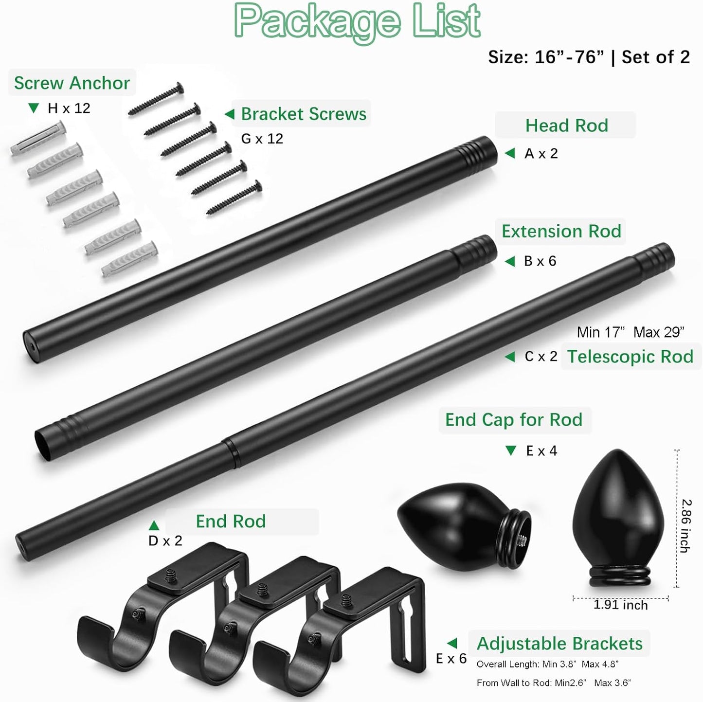 Curtain Rods for Windows 16 to 76 inches, Curtain Rod Max Adjustable Length to 88 in, Drapery Rod 1 inch Diameter with Modern Knobs Finials (Black, 16" to 76" - Set of 2)