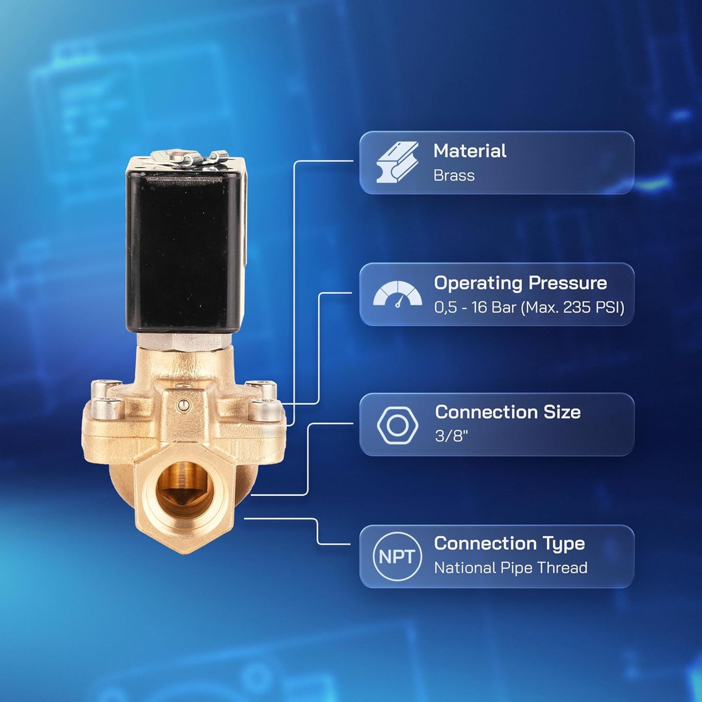 UNOX 3/8" NPT Solenoid Valve 12V DC, Brass Control Valve Normally Closed - 7-232 PSI Multi-Purpose Reliable Control Valve for Water, Air, and Gas - Solenoid Valves