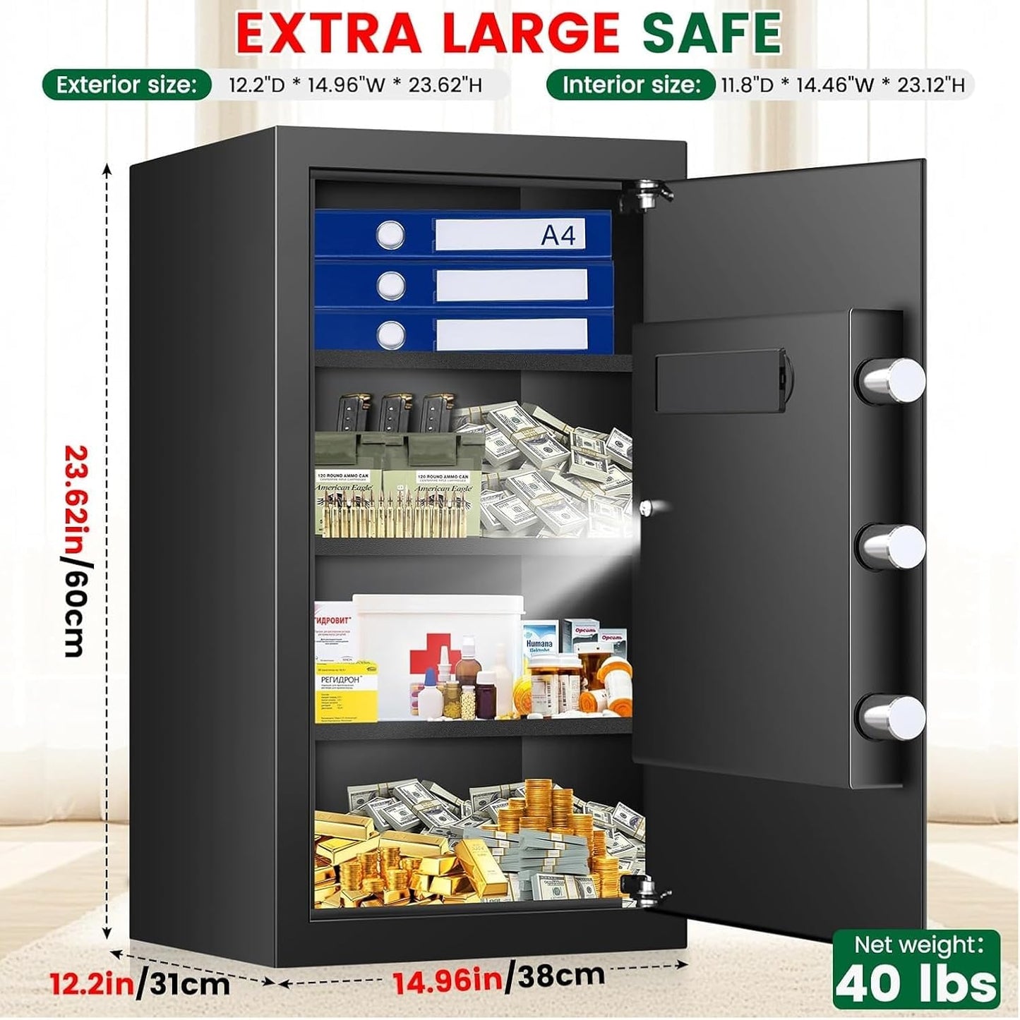 5.1 Cuft Large Home Safes Fireproof Waterproof, Anti-theft Security Personal Safe Box With Digital Keypad & 3 Removable Shelves and Led Light, Fireproof Document Safes for Home Money Valuables
