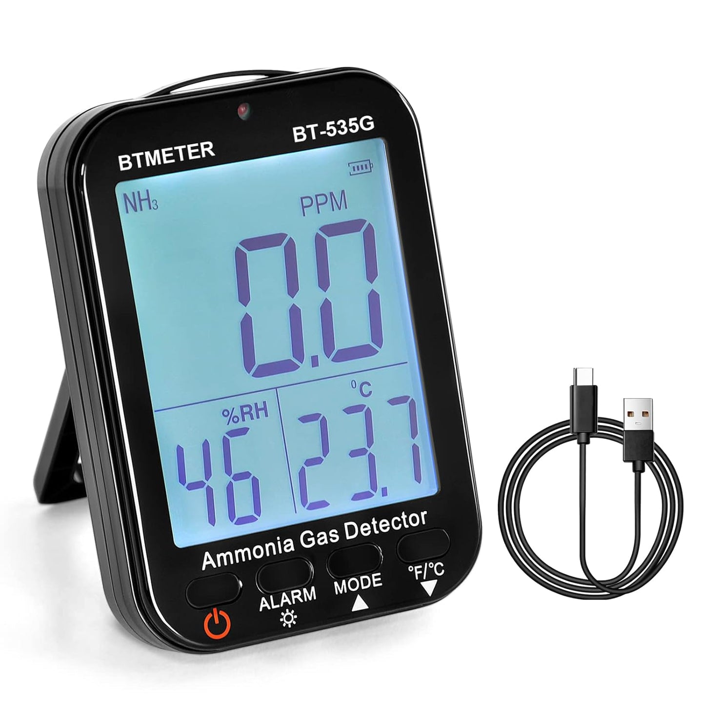 BTMETER Ammonia Gas Detector 535G, Air Quality Meter Monitor Indoor NH3 Gas 0~100 PPM, Relative Humidity and Temperature, Rechargeable Ammonia Gauge with Alarm, Backlit LCD Display