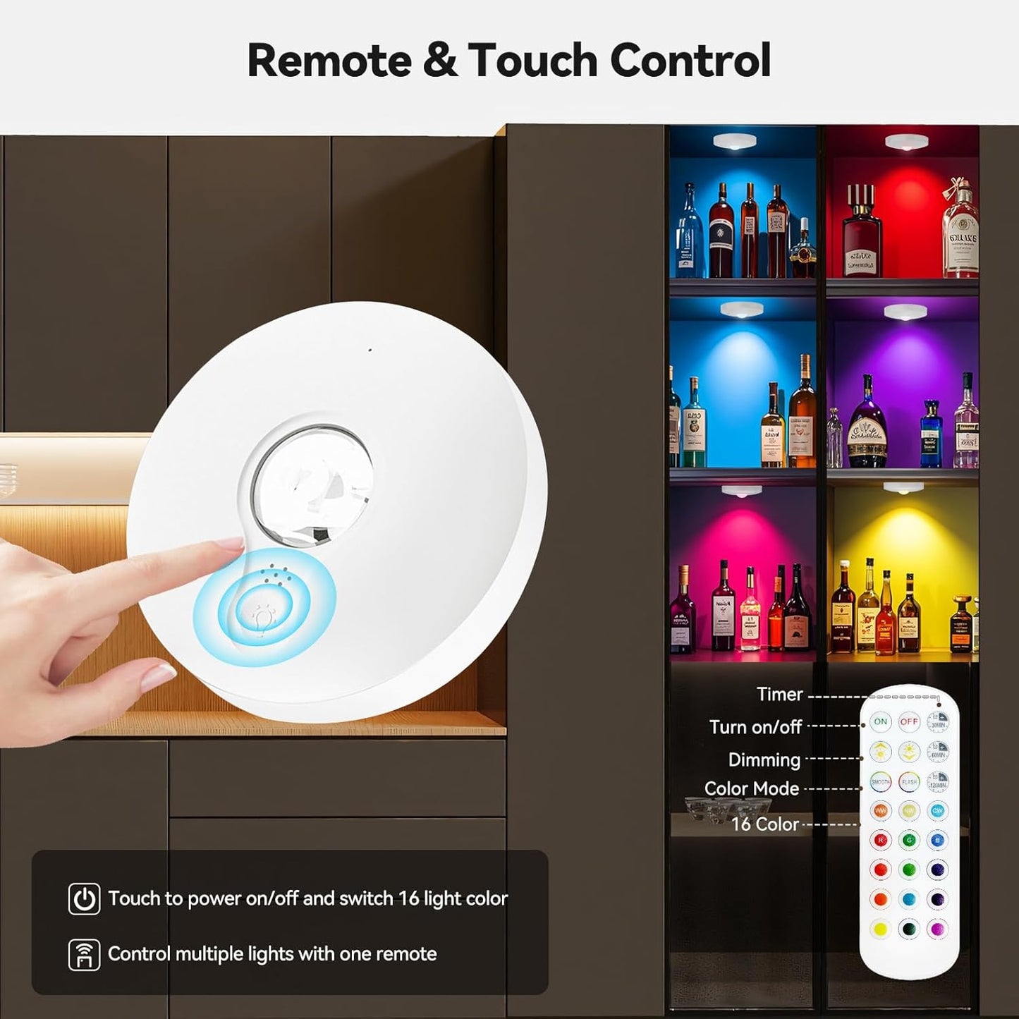 Rechargeable Puck Lights with Remote, 3 Pack Magnetic Under Cabinet Lighting, 1500mAh Battery Operated LED Tap Lights with Dimmer & Timmer for Kitchen, Closet, Shelf - 3 Color Temps & 12 RGB, White