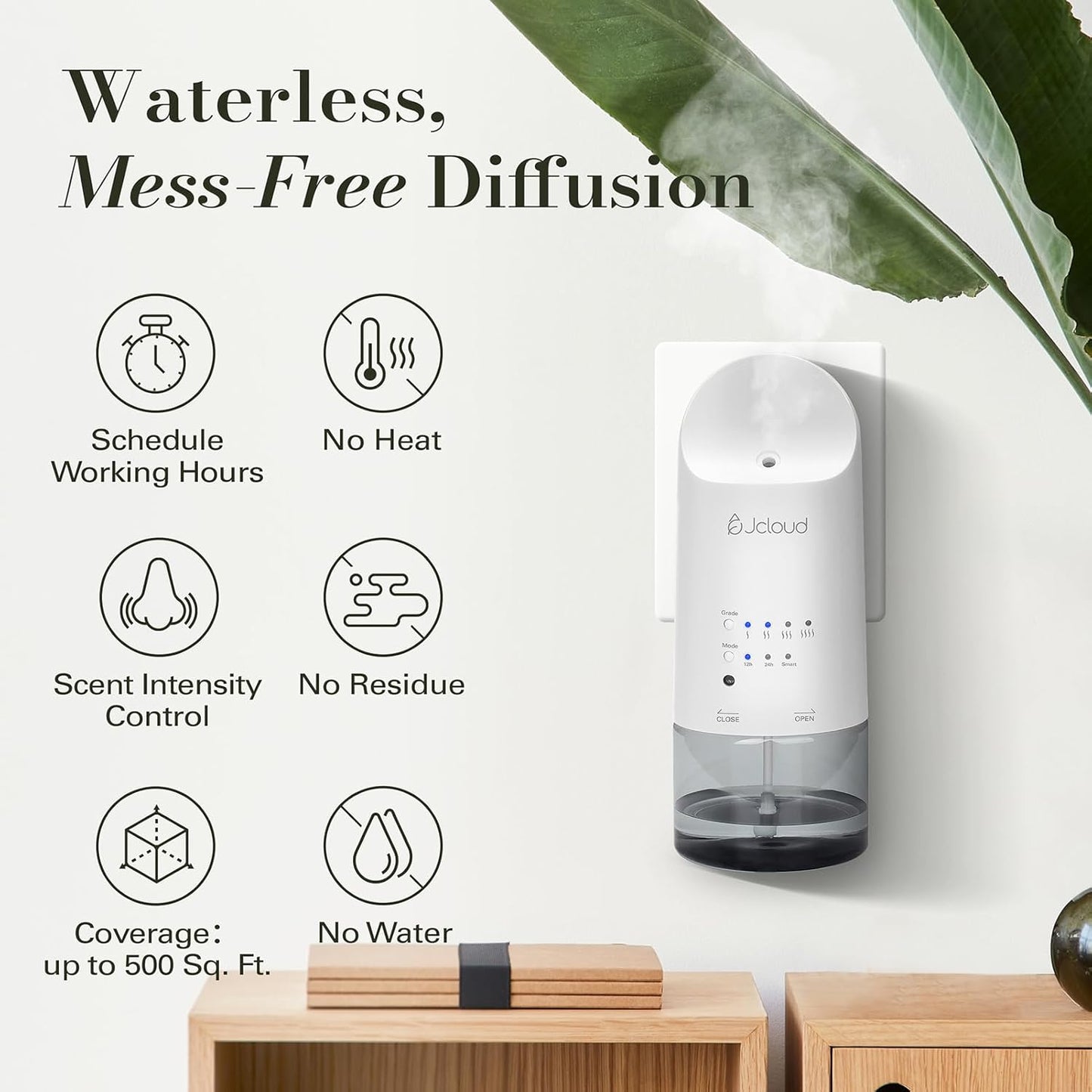 JCLOUD 2025 Plug in Diffuser for Essential Oils, Waterless Scent Diffuser Cover Up to 500 Sq. Ft. for Home, Office, Spa – Portable Smart Wall Diffuser 160ML, White