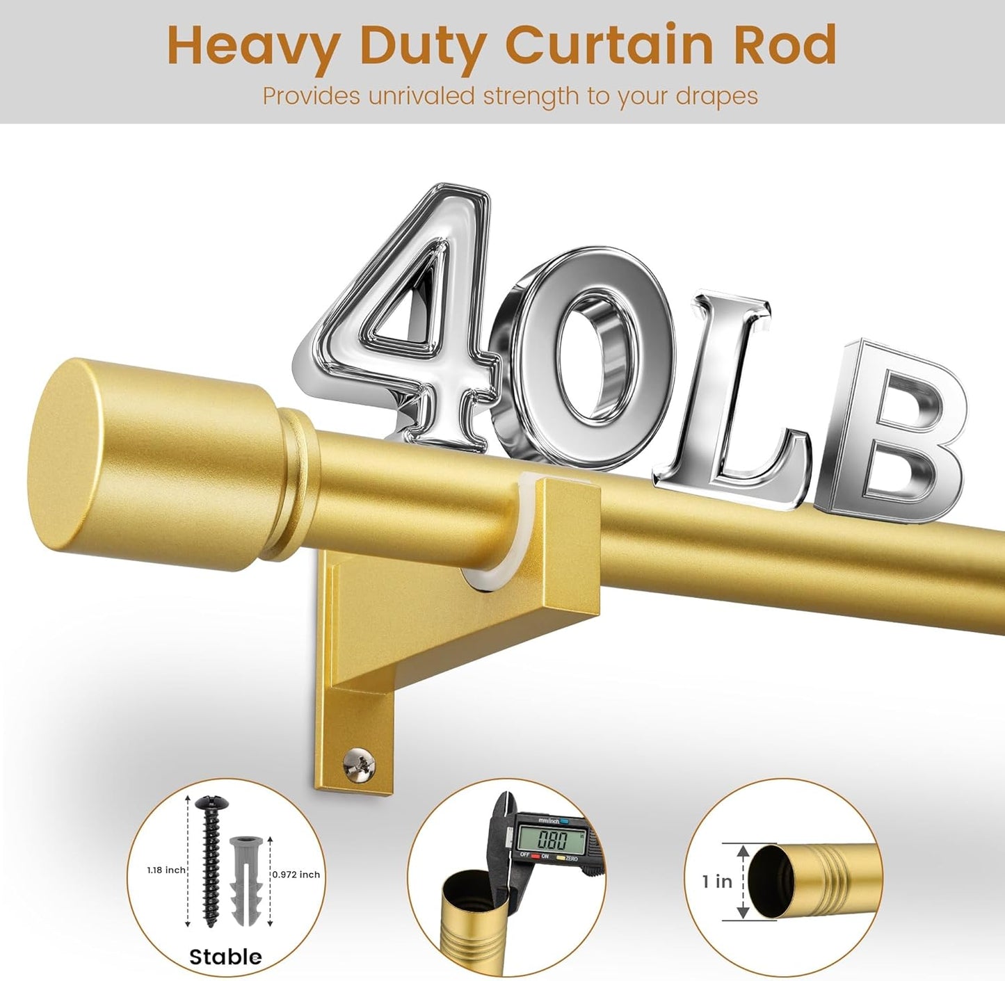 Gold Aluminium Curtain Rods for Windows,1 Inch Adjustable Curtain Rod 32 to 45 Inch,Heavy Duty Drapery Rods with Thicken Bracket,Modern Single Rod with Aluminium Finials
