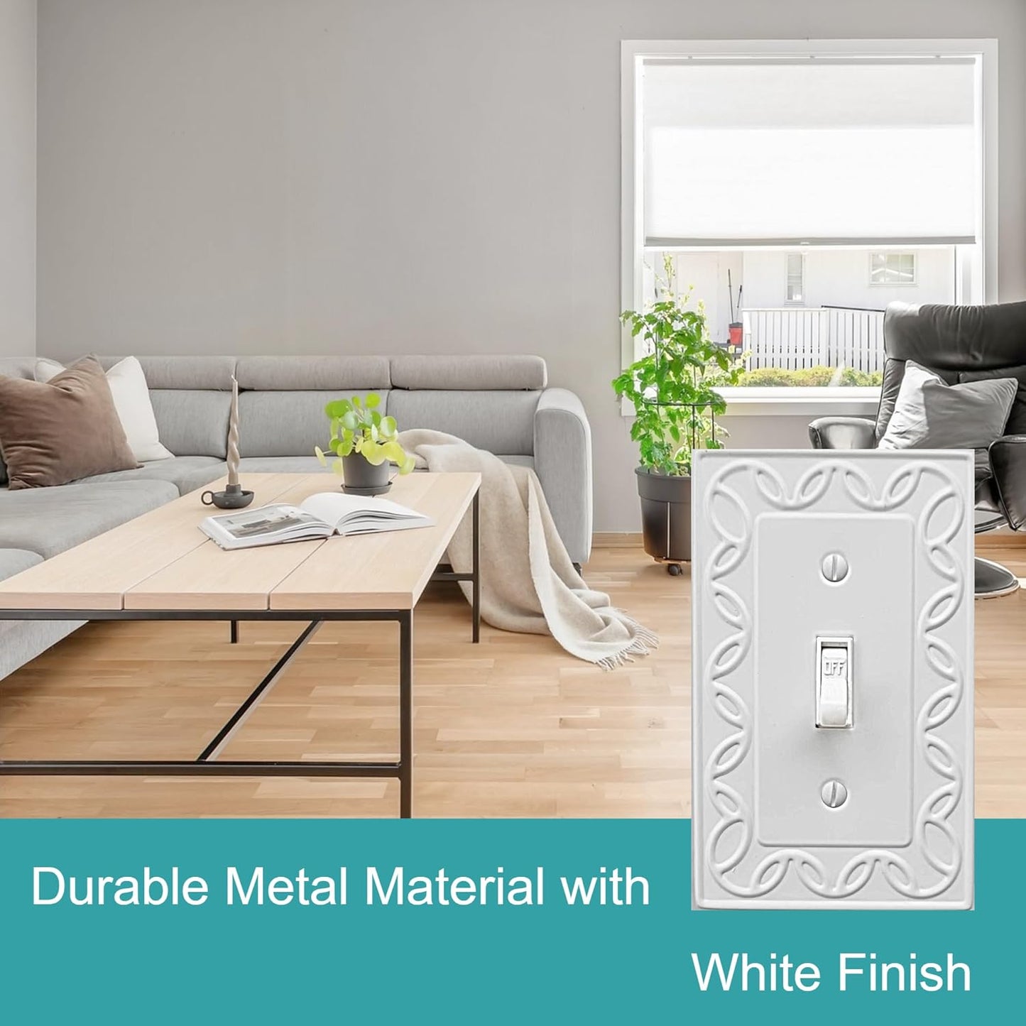 Single Toggle Light Switch Cover NovaBloom Metal Wall Plate, 4-Pack White 1 Gang, Light Switch Cover Decorative Wallplate, Durable