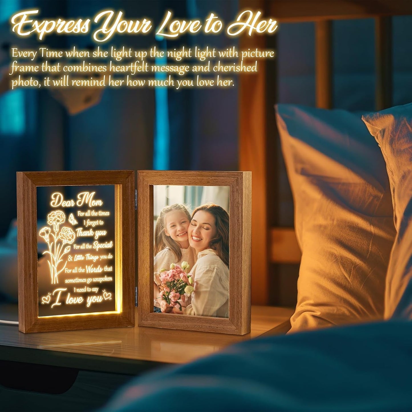 Mom Gifts from Daughters Son Unique Christmas Gifts for Mom, Engraved Night Light with Mommy Picture Frame 5x7 Solid Wood, Mother-in-Law Gift from Daughter-in-Law, Birthday New Mama Gift for Women