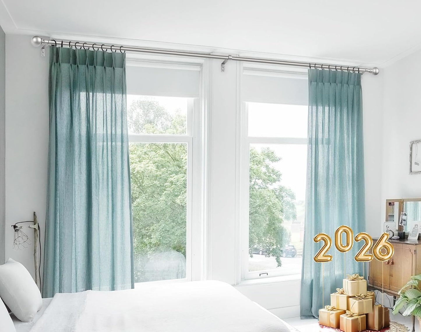 KAMANINA Long Curtain Rods for Windows 72 to 144 Inches, Silver Curtain Rod 32 to 144 Inches (2.6-12ft), 7/8 Inch Decorative Drapery Rods with Round Finials