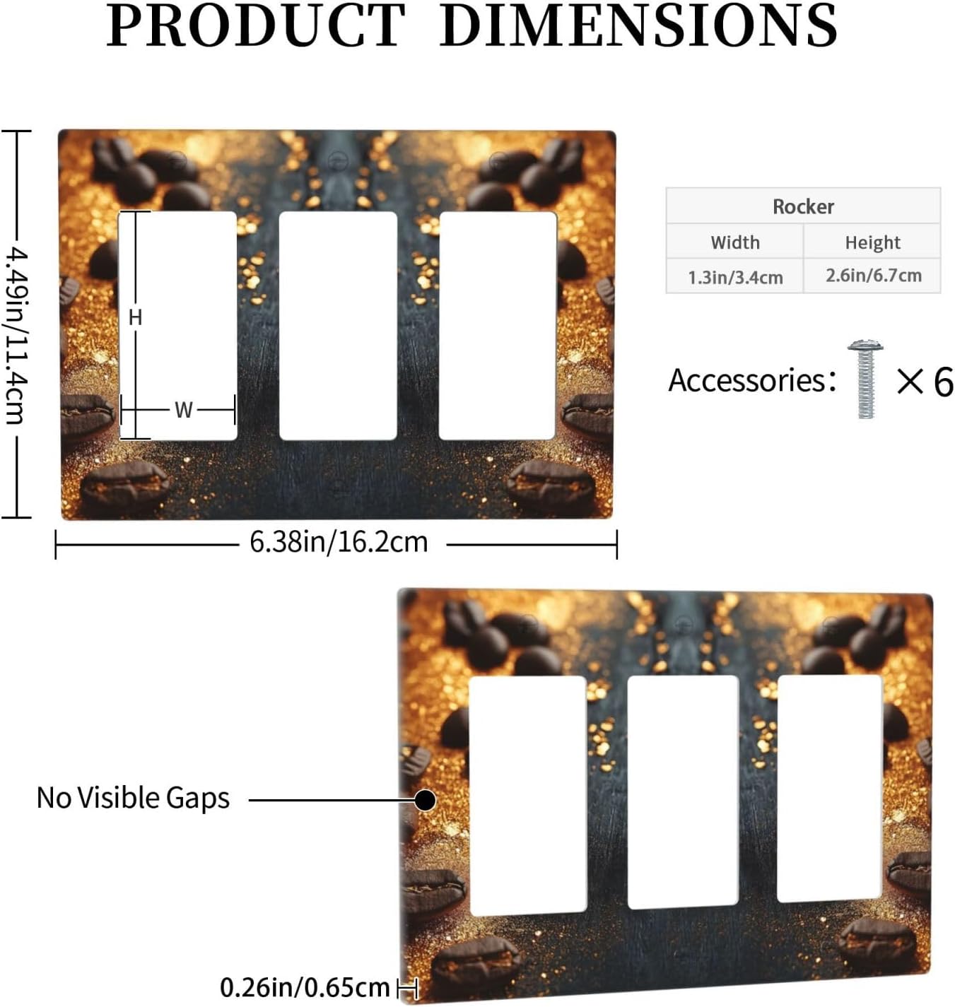 Decorative Outlet Covers Black Wood Board Gold Dust Coffee Beans 3 Gang Wall Plate Triple Rocker Light Switch Cover Plate Jumbo Electrical GFCI Face Plate for Caffee Room