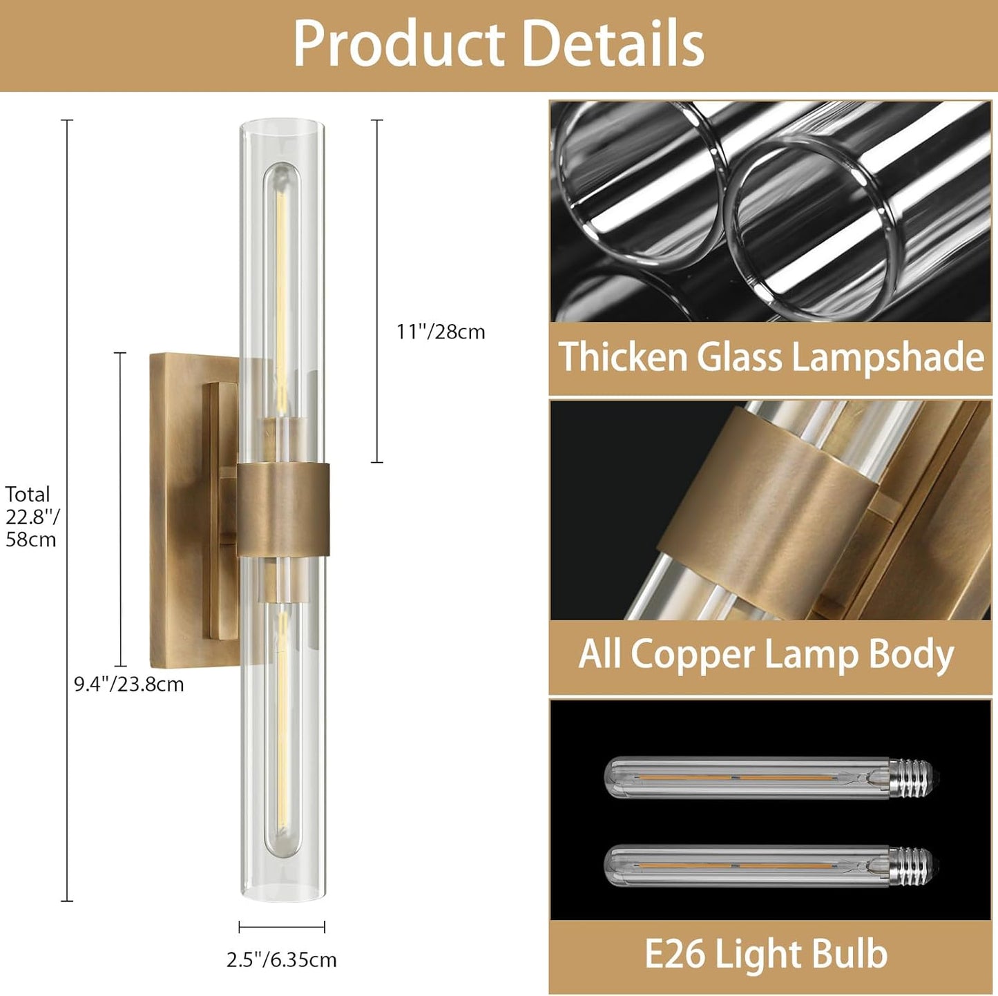 YUYI Brass Wall Sconces Set of Two, 22.8'' Gold Bathroom Sconces Wall Decor with Clear Glass Shade, Indoor Vanity Wall Lights for Bathroom Living Room Bedroom Hallway Fireplace Staircase