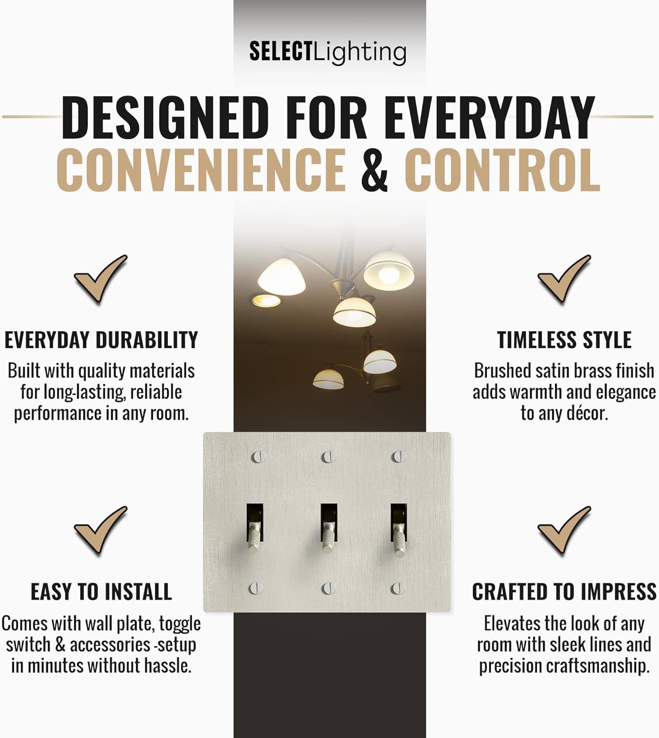 Select 15A 120V AC 3-Gang Toggle Switch, Vintage Satin Nickel Plated Single Pole 3 Way Compatible Wall Mount Toggle Switch, Included Faceplate & Switch Module, UL Listed