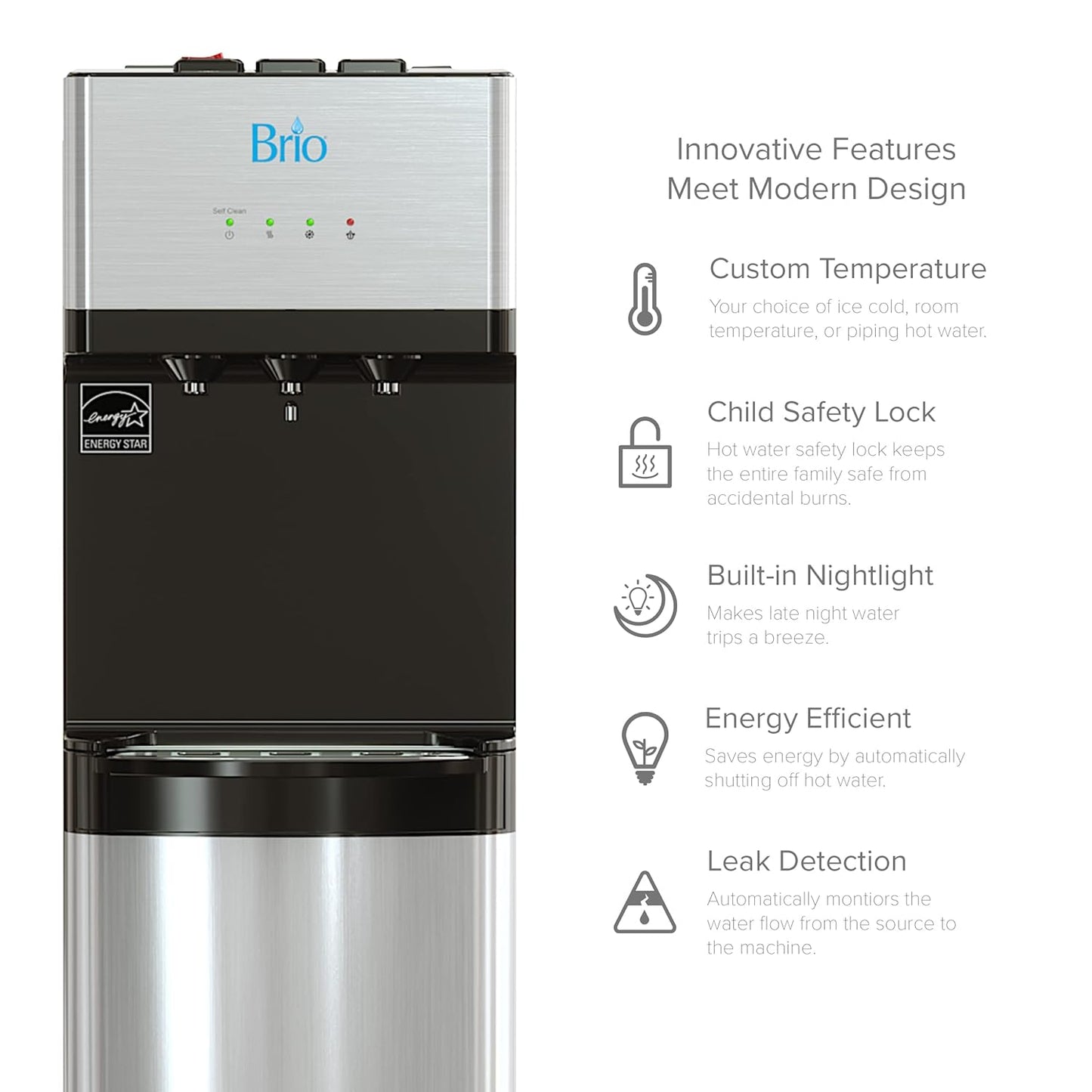 Brio 520 UV Self-Cleaning Bottleless Water Cooler Dispenser, UL Certified | Built-in 2 Stage Filtration (2 Free Replacement Filters Included) Reduces PFAS & Microplastics | 3 Temp (Hot Cold, Room)