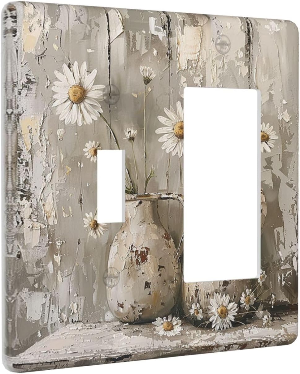 Outlet Covers Vintage Rustic Floral White Daisy Flower Oil Painting Style 1 Toggle 1 Rocker Combination Decorative Wall Plate Electrical Switch Plates Light Switch Cover Plate for Home
