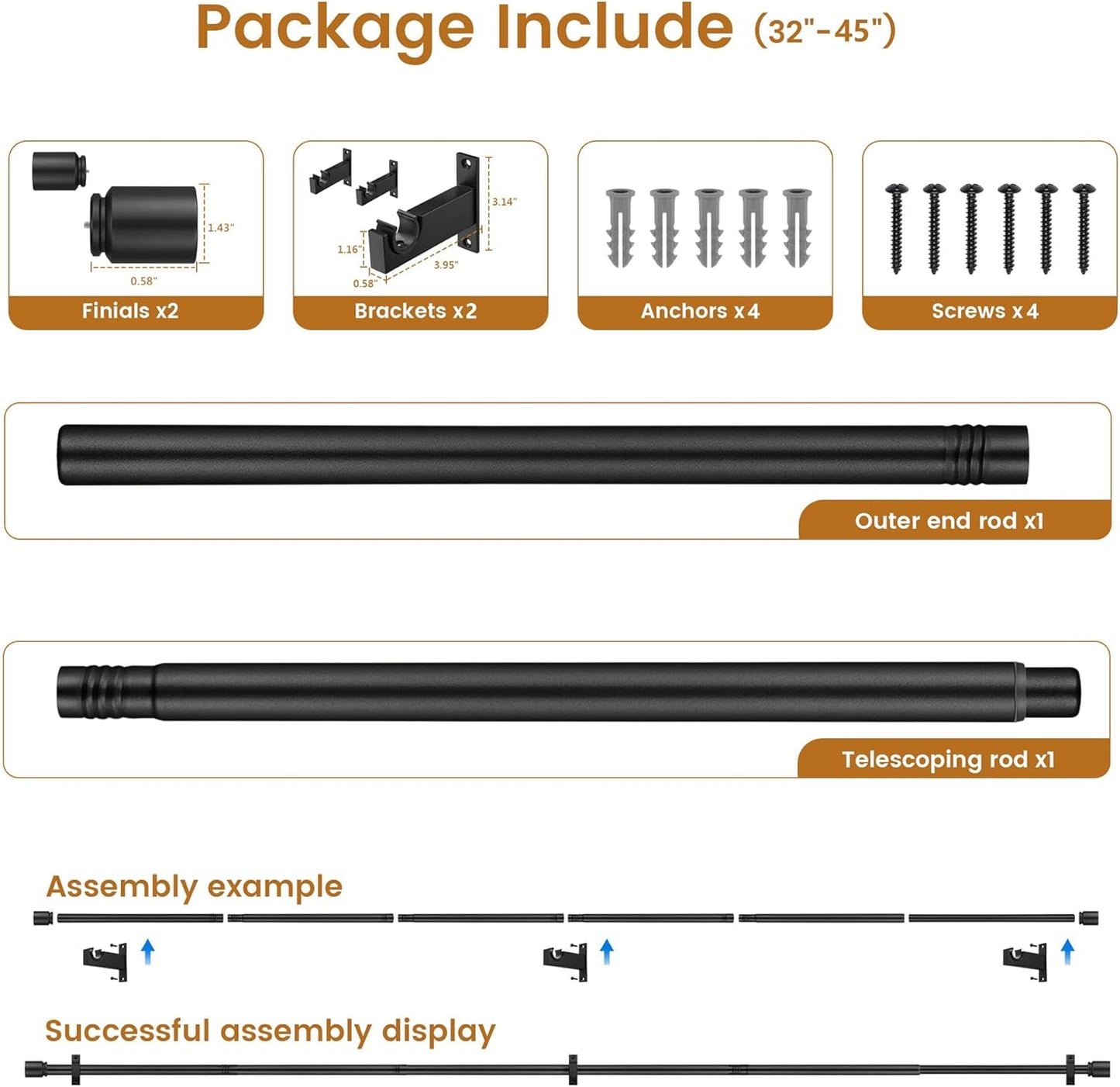 Black Aluminium Curtain Rods for Windows,1 Inch Adjustable Curtain Rod 32-45,Heavy Duty Drapery Rods with Thicken Bracket,Decorative Modern Single Rod with Aluminium Finials