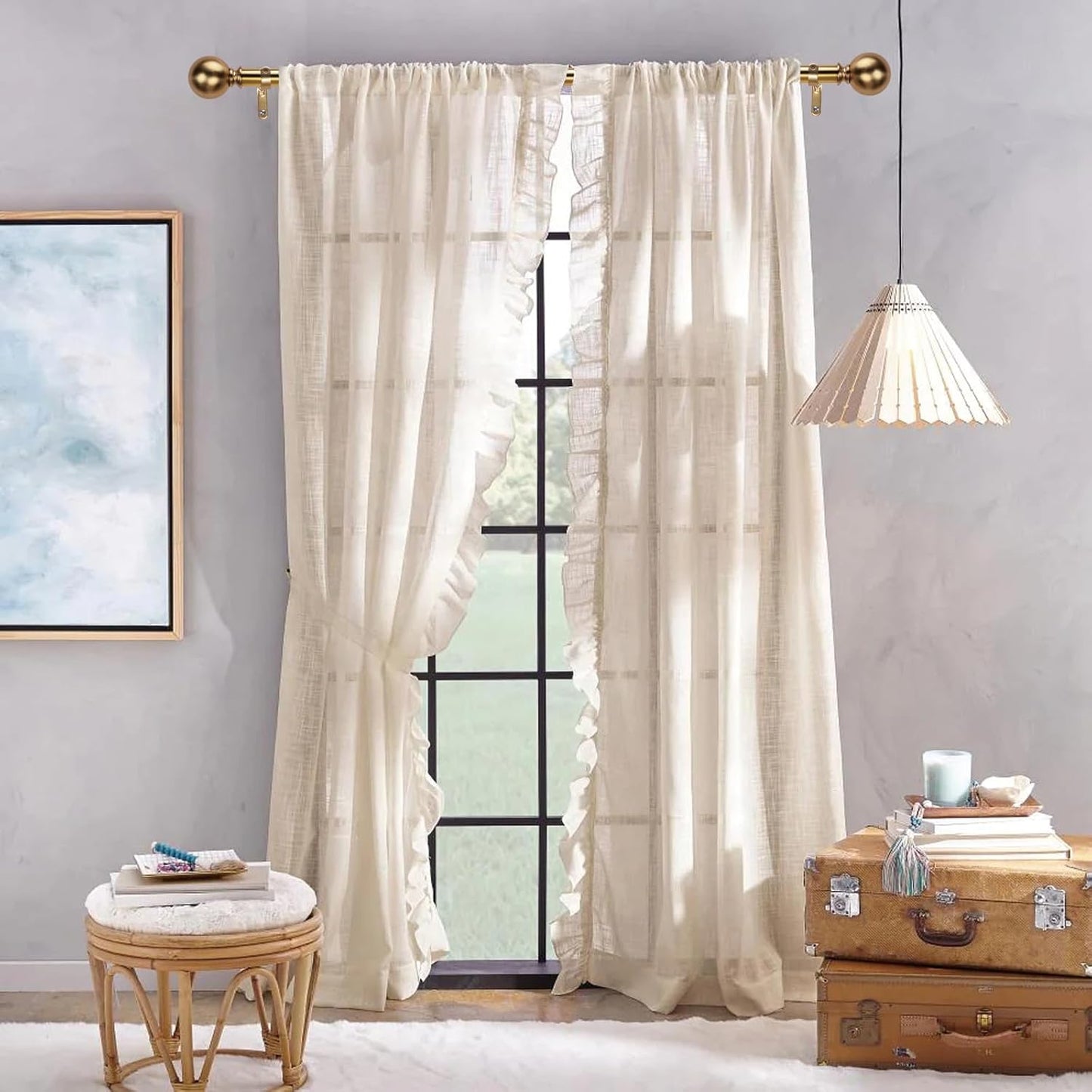 Curtain Rods for Windows 18 to 145 inches,1 Inch Modern Metal Drapery Rods,Adjustable Heavy Duty Curtain Pole with Round Finials(18"-145"Warm Golden)