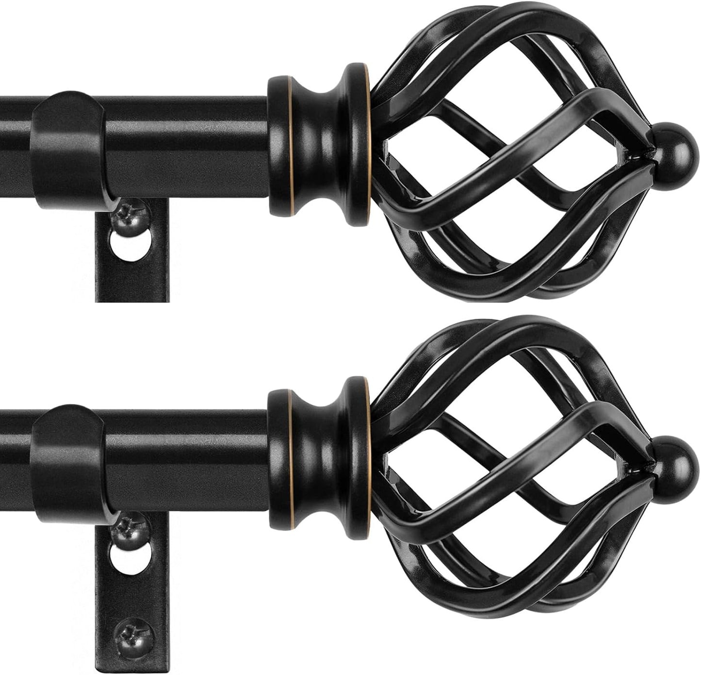 KAMANINA 2 Pack Curtain Rods 32 to 58 Inches (2.6-4.8ft), 3/4 Inch Black Curtain Rods for Windows Splicing Adjustable Single Drapery Rod with Twisted Cage Finial, for Indoor and Outdoor