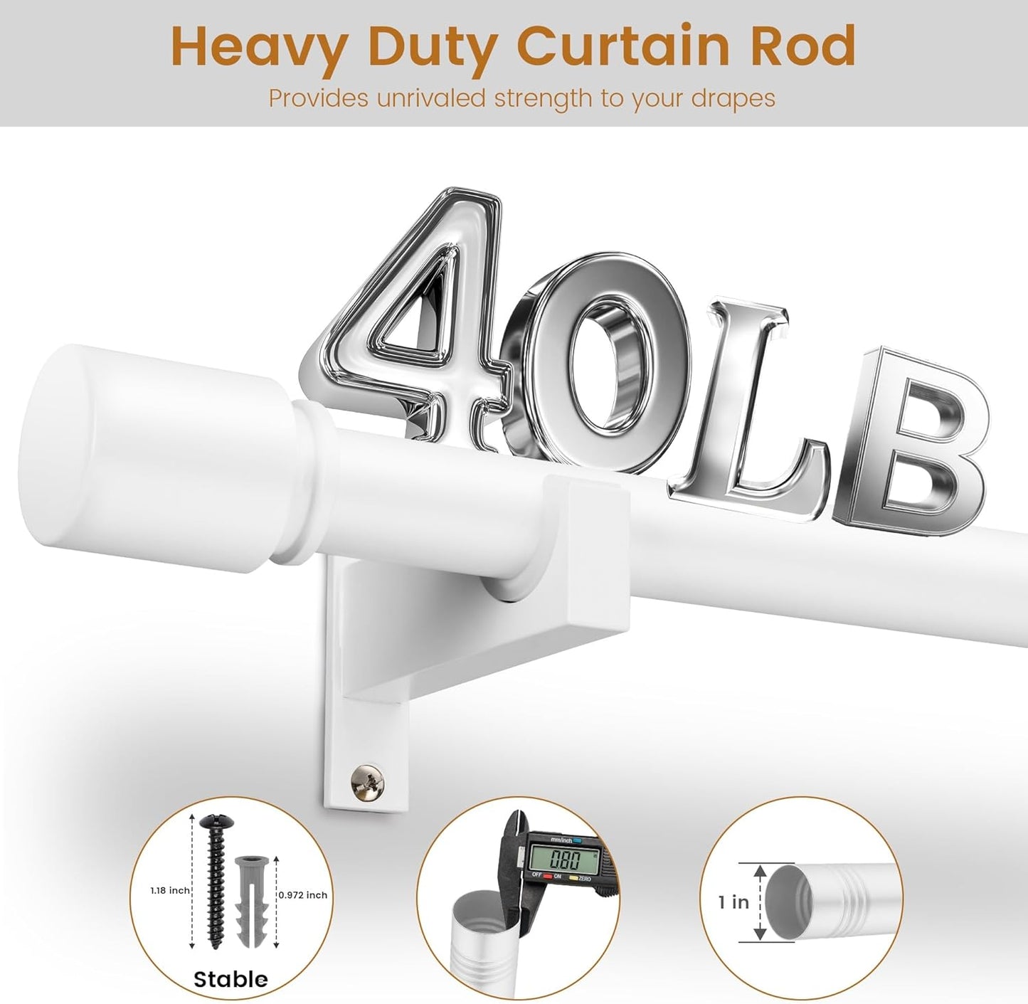 White Aluminium Curtain Rods for Windows,1 Inch Adjustable Curtain Rod 48 to 84 Inch,Heavy Duty Drapery Rods with Thicken Bracket,Modern Single Rod with Aluminium Finials
