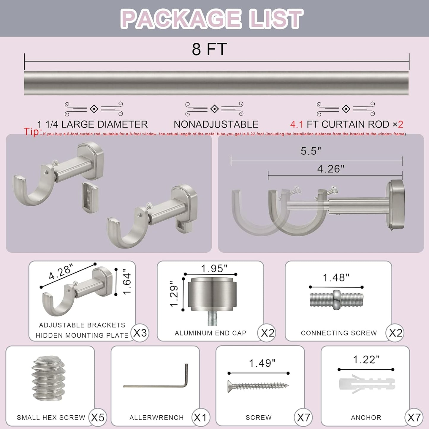 Heavy Duty Curtain Rods,1 1/4" Large Diameter Premium Nonadjustable Curtain Rod,96in/8ft Custom Window Treatment Rods with Durable Aluminum Brackets and End Caps,Brushed Nickel Finish