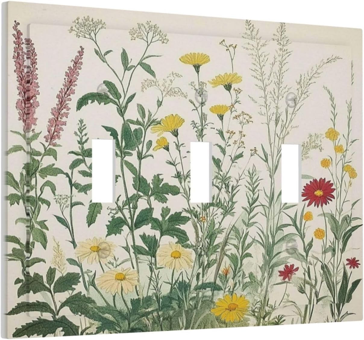 Rustic Wildflower Green Plants Daisy Floral Decorative Switch Plates 3 Gang Wall Plate Triple Toggle Light Switch Cover Faceplate Electrical Wall Panels For Farmhouse Bed Room Decor