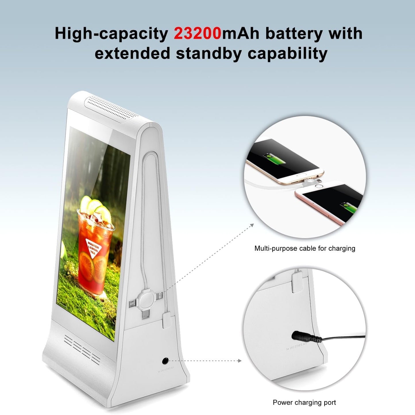 Digital Signage Display for Tabletop ,Interactive Digital Signage with Double 8 inch LCD Touch Screen and WIFI Connected,Rechargeable 23200mAh Battery,Portable Advertising Kiosk for Restaurants,Bar, Hotel ,Cafe (White)