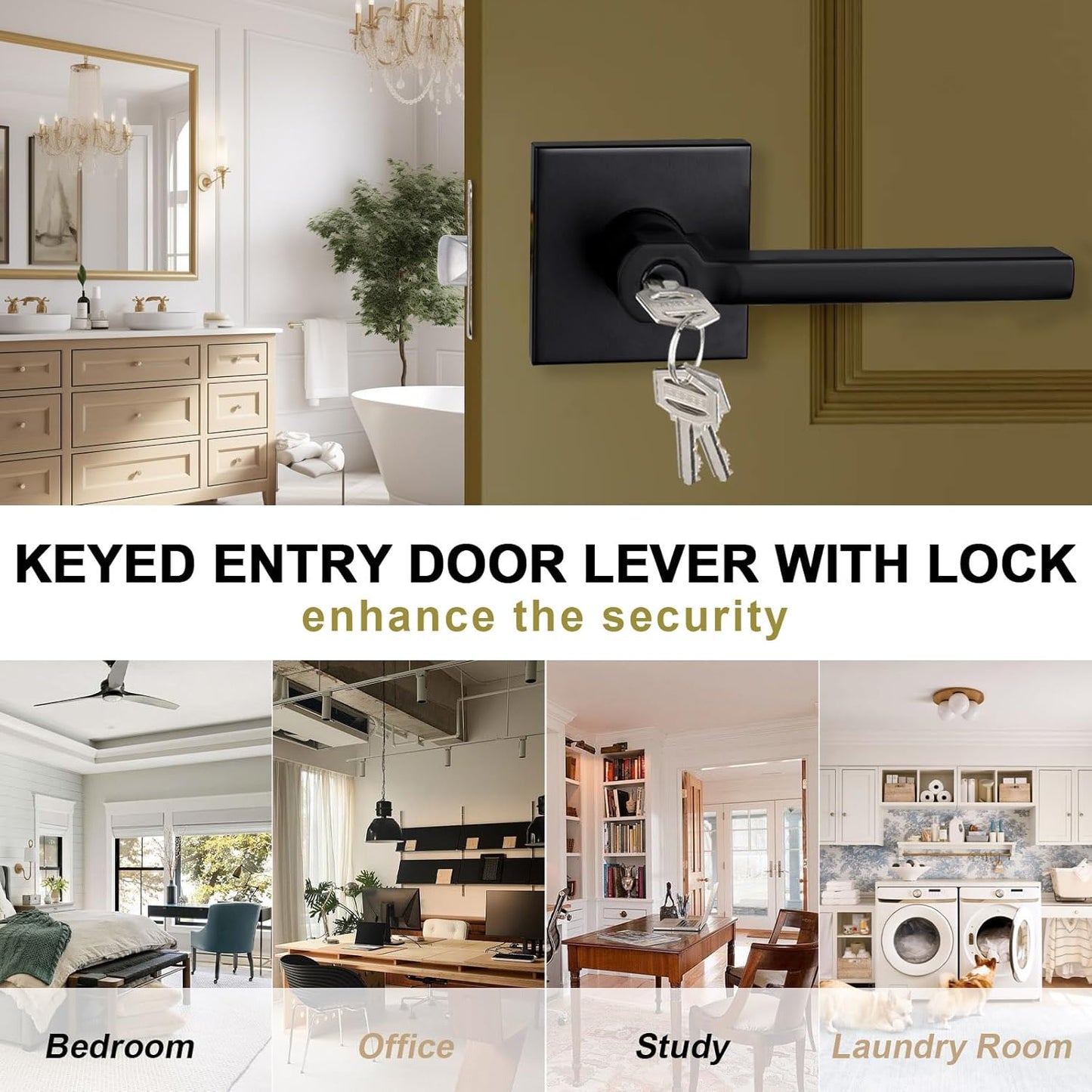 Keyed Entry Door Lever with Lock, Heavy Duty Square Interior Handle for Front Door and Office, Matte Black, Reversible for Right&Left Handed, 9Packs