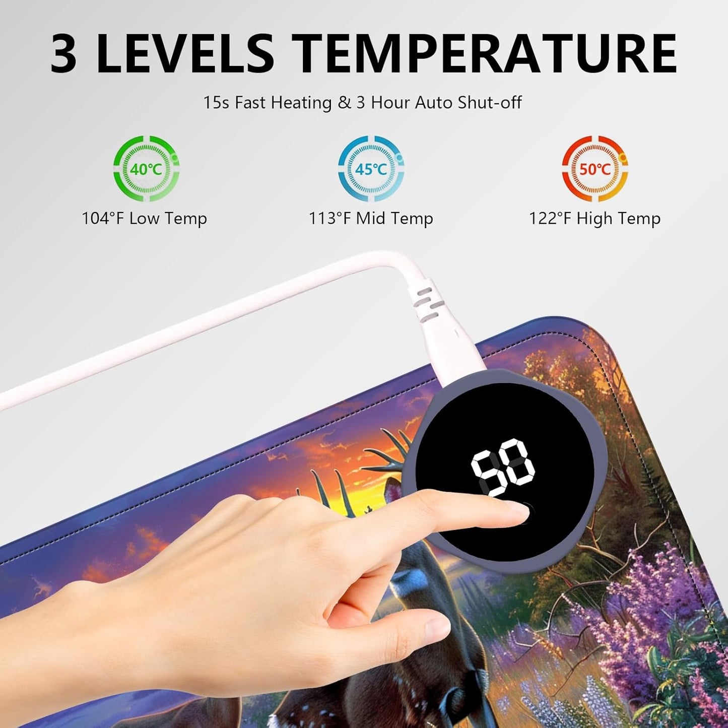 Heated Mouse Pad with 3 Levels Heated & 3 Hours Auto Shut-Off Mouse Pad for Warming Hands in Office Home, 31.5" x 13"Large Safe Desk Mat Hand Warmer，Elk Lavender