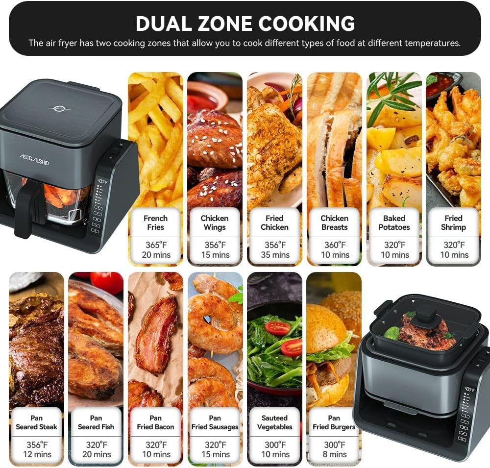 Astralship 2-in-1 Glass Air Fryer & Grill Combo, 4.2 QT + 1.3 QT Capacity, 7 Digital Presets, Small, Non-Toxic See-Through Glass Bowl, Low-Oil Healthy Cooking, Easy to Clean, Multi-Function Design