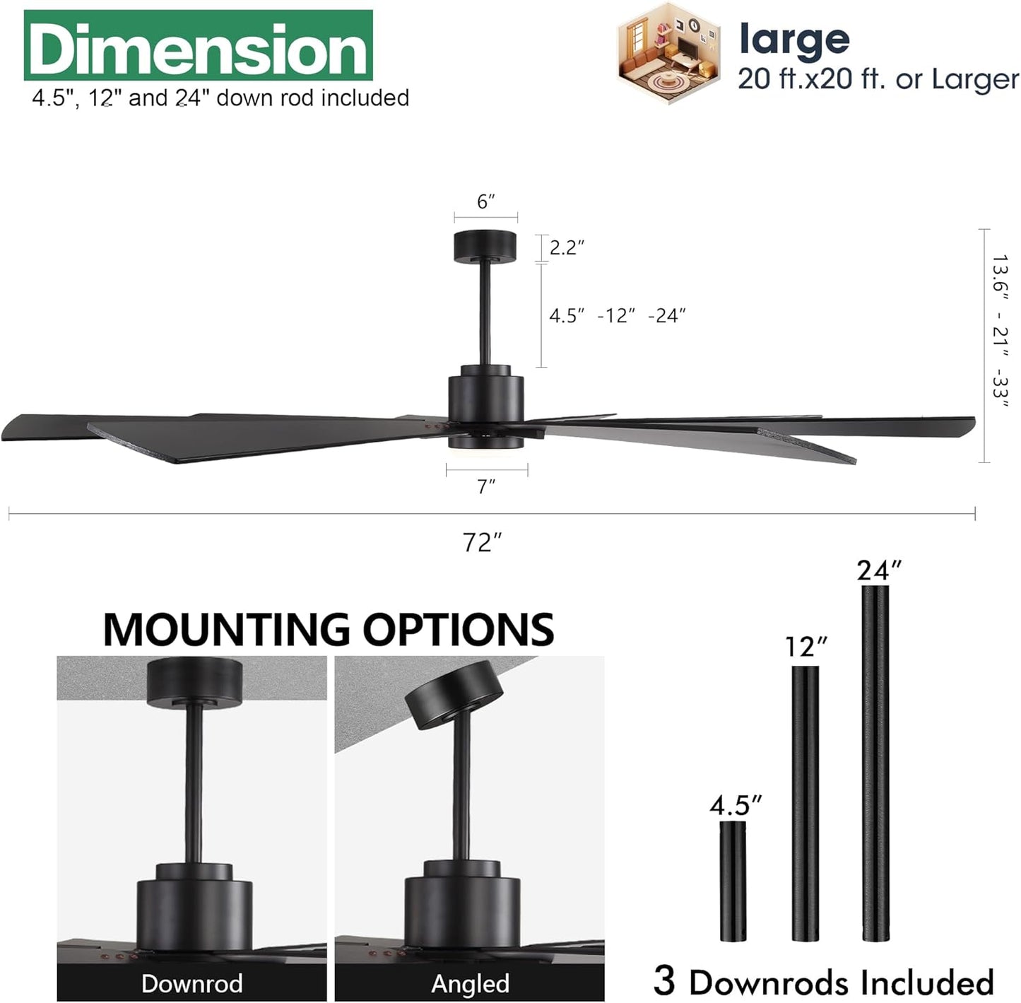 WINGBO 72" DC Ceiling Fan with Lights and 3 Downrods, Matte Black, 8 Plywood Blades, 6-Speed Reversible DC Motor, Large for Kitchen, Bedroom, Living Room