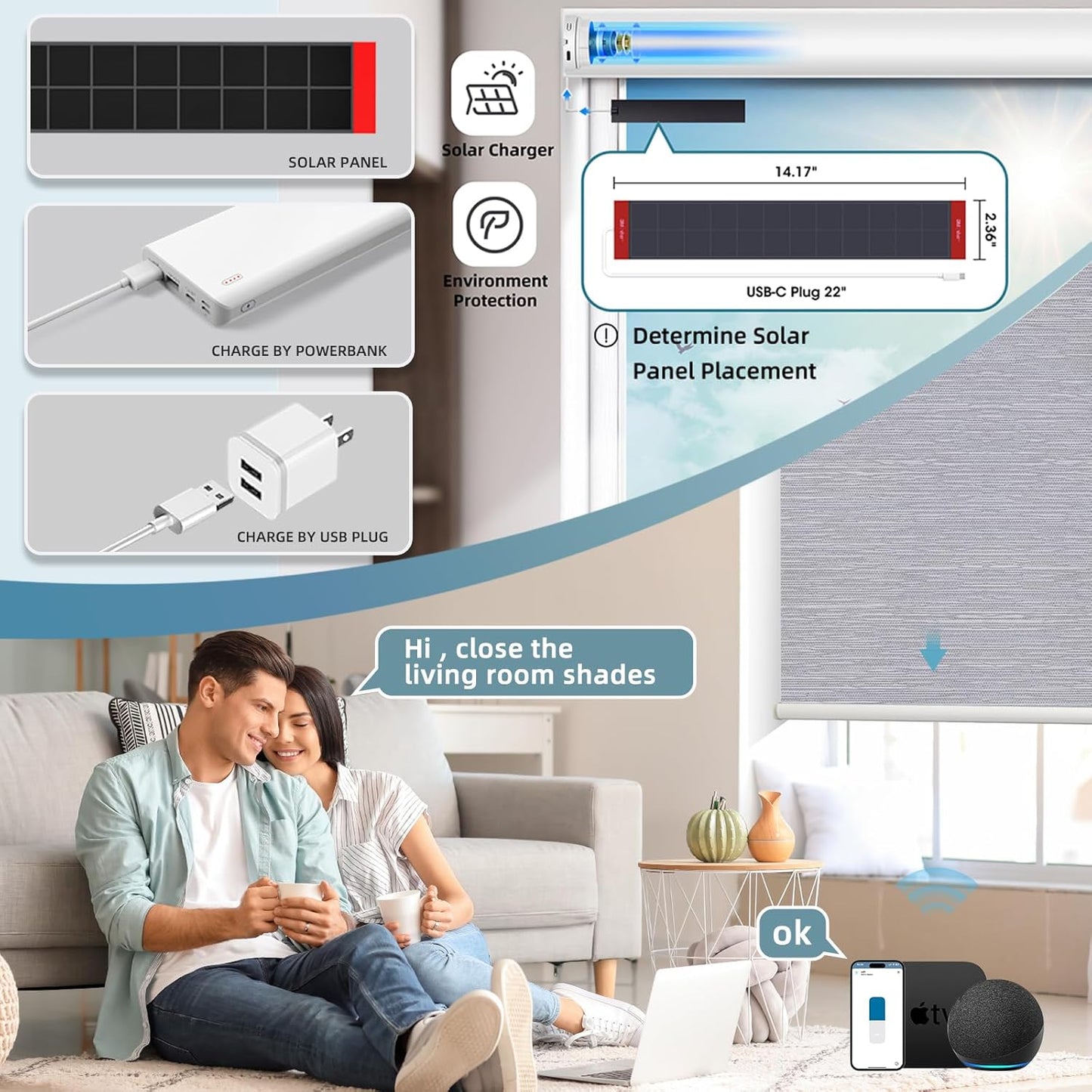 SmartWings Motorized Roller Shades Work with Homekit, 100% Blackout Smart Blinds for Windows, Cordless Remote Control Window Shades, Essential Grey, Customized Size