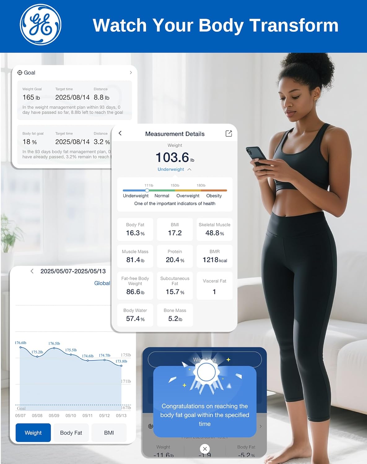 GE Smart Scale for Body Weight and Fat, Digital Bathroom Scales with LED Display BMI Body Fat - Bluetooth 13 Body Composition Monitor for Muscle Mass People with App, Accurate 400lb Weighing