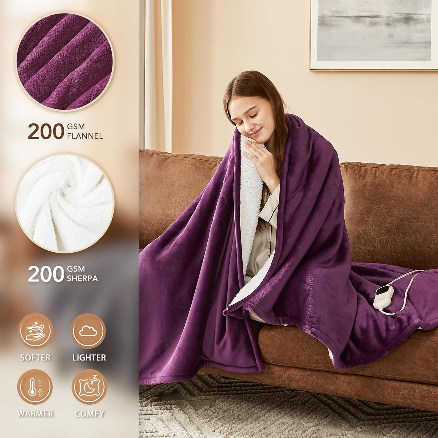 Homemate Electric Heated Blanket Full Size - 72"x84" Heating Blanket Full Size 1/2/4/6/8 Hours Auto-Off 10 Heat Level Over-Heat Protection Flannel Sherpa ETL Certification