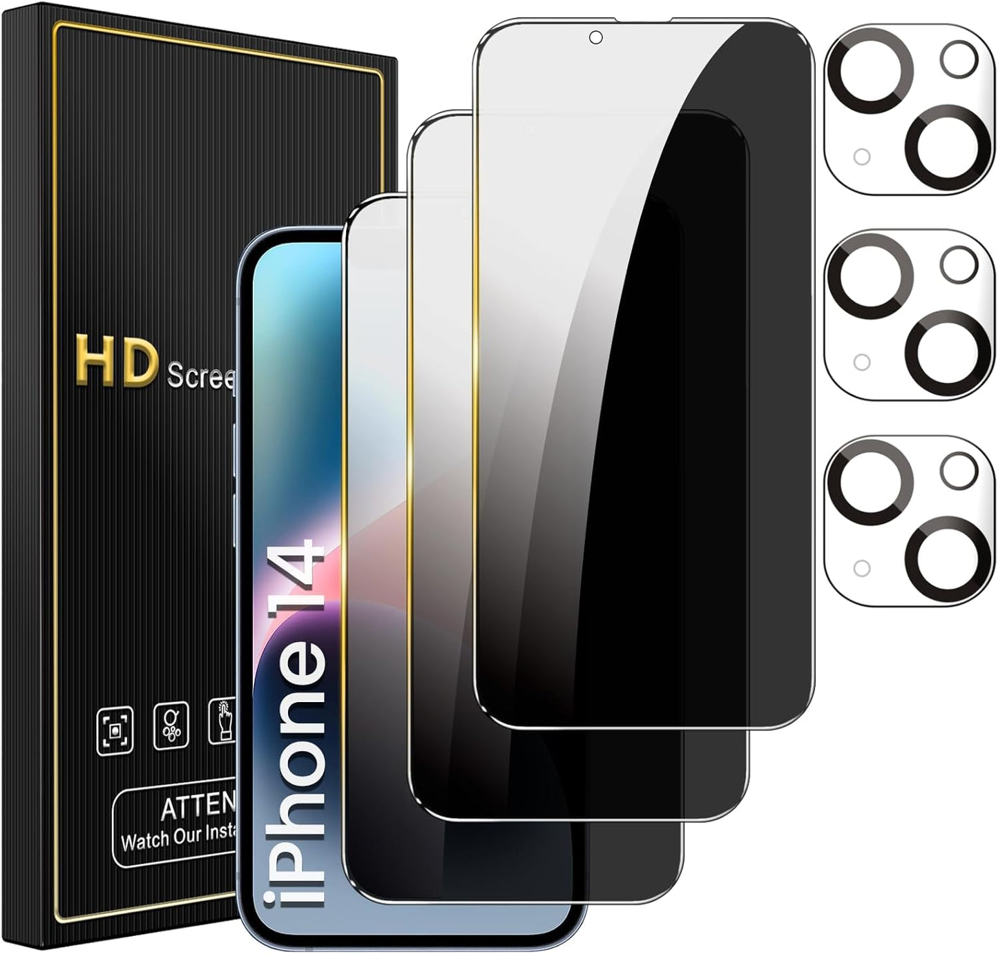 3 Pack Privacy Screen Protector for iPhone 14 6.1 Inch with 3 Pack Camera Lens Protector, Anti Spy Tempered Glass Film, Anti-Scratch, Touch Sensitive, Case Friendly