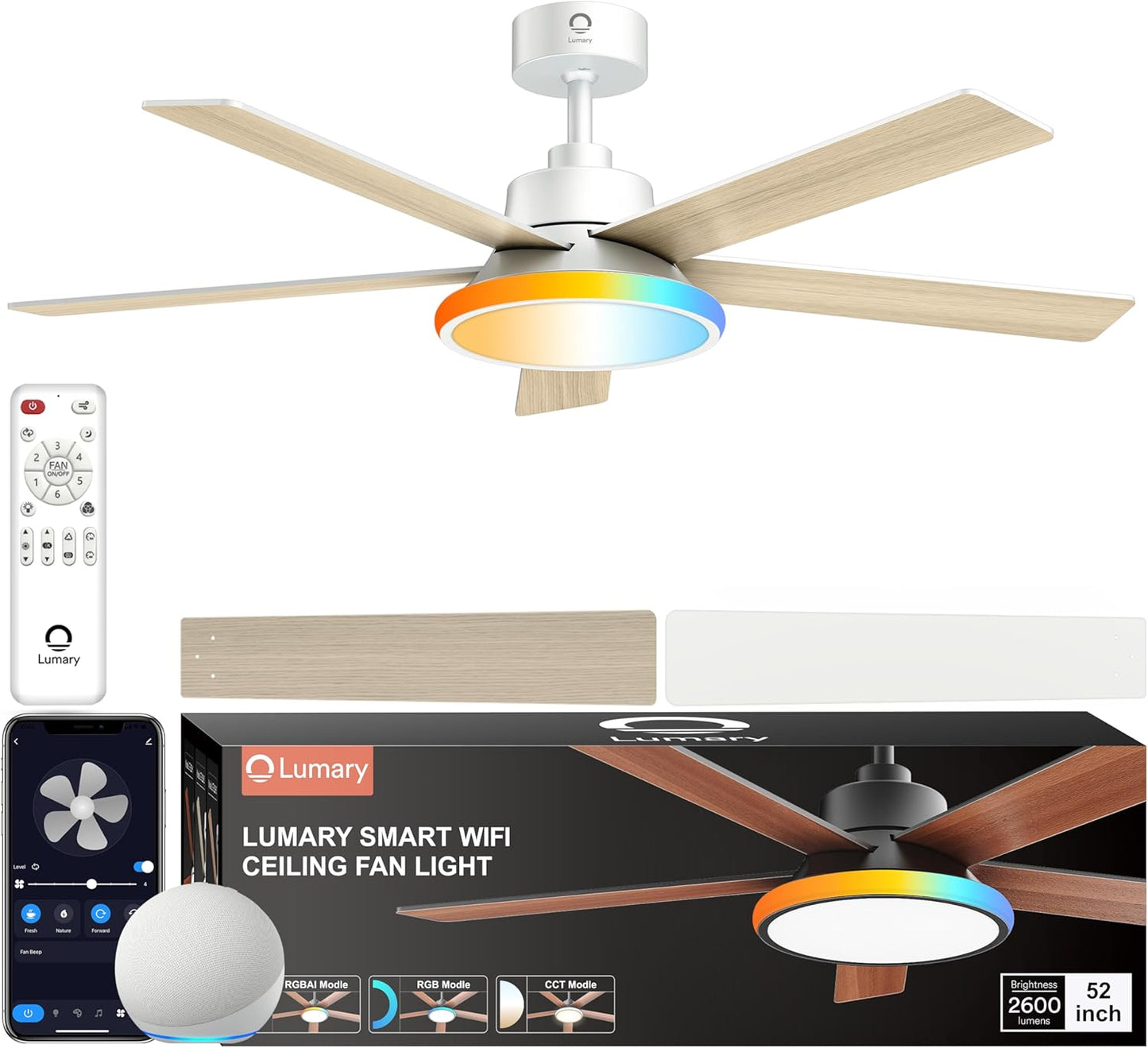 Lumary 52'' Smart Ceiling Fan with RGBAI Lights Remote, RGB & Stepless Color Temperature, Work with Alexa/Google/App, 46 Scenes, Modern Flush Mount Low Profile Ceiling Fan for Bedroom Kids Room, White