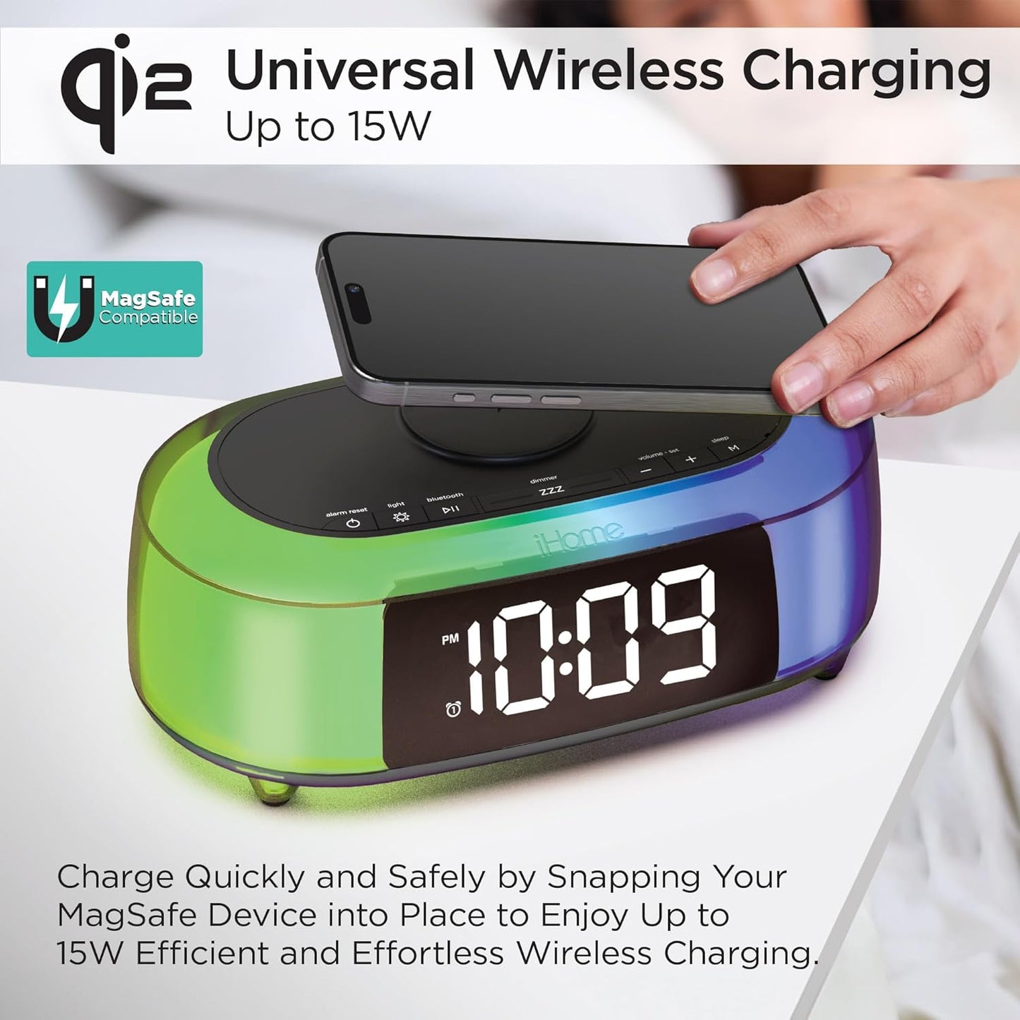 iHome Alarm Clock Radio with Qi2 Magnetic Wireless Charger, Bluetooth Speaker, and 2 USB Chargers (iBTW282)