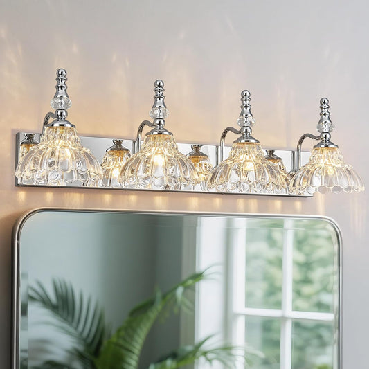 Vintage Bathroom Vanity Light, 4-Light Chrome Vanity Lighting Fixture with Flower Glass Shade, Bathroom Lighting Fixtures Over Mirror