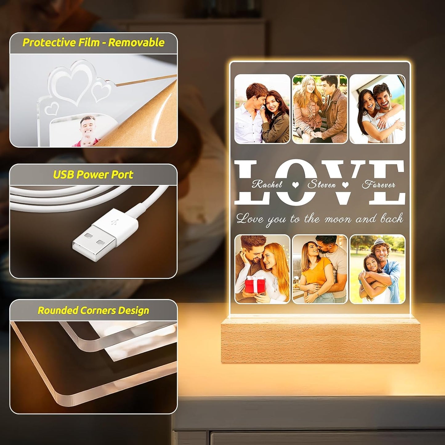 Personalized Picture Frame with Photo, Custom Photo Frame with Night Light, Custom Picture Frames, Customized Anniversary Valentines Day Gifts for Her Him Women Men Girlfriend Boyfriend Couples