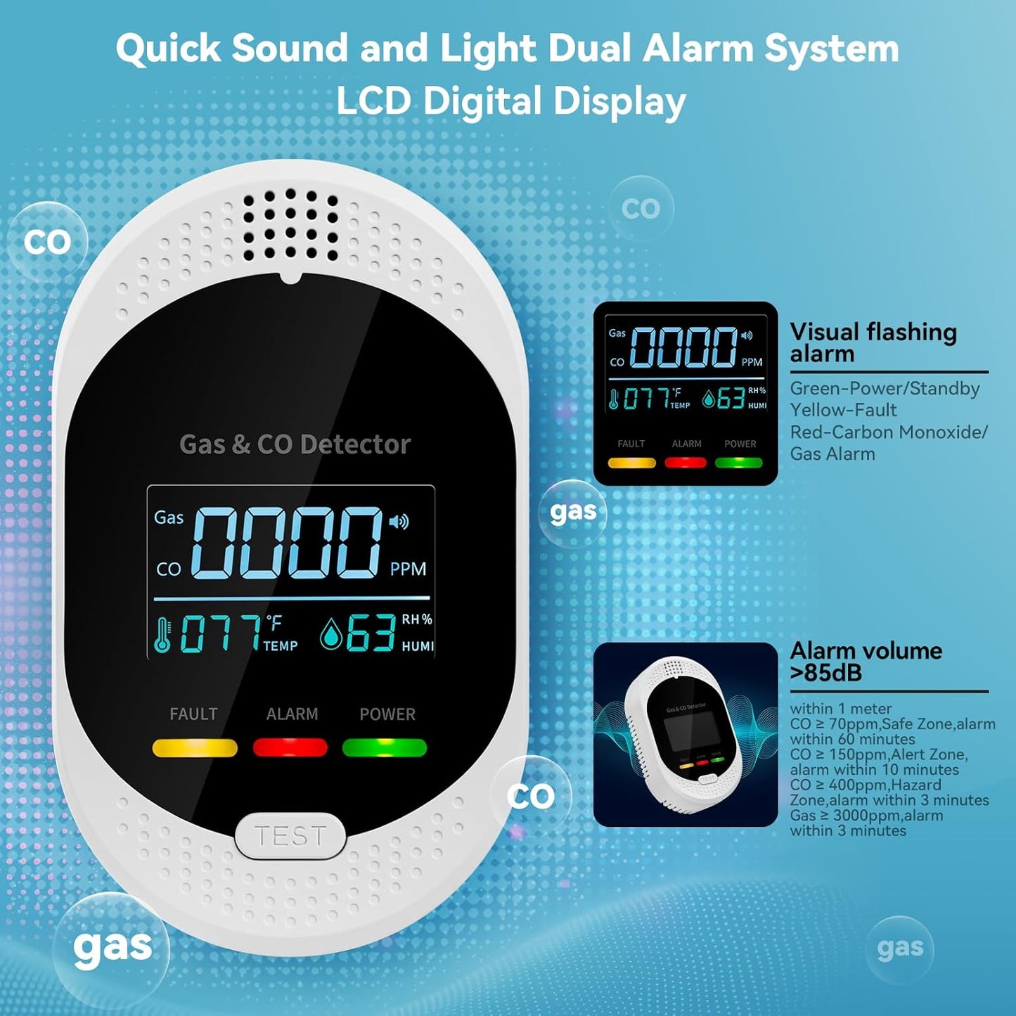 4-in-1 Carbon Monoxide Detectors,Plug in Combustible Gas Detector,Natural Gas & Co Gas Alarm Detectors with Temperature Humidity Display,Clear LCD Screen Sound Light Dual Alarm for Home RV Travel