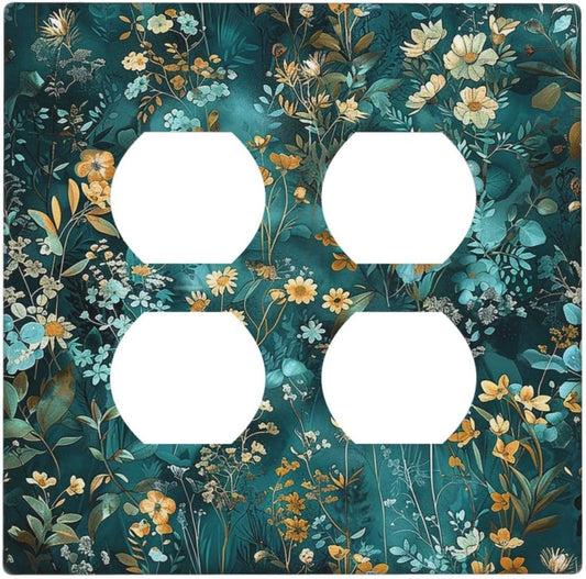 Outlet Covers Green Leaf Floral Boho Golden Flower Plant 2 Gang Double Duplex Decorative Light Switch Covers Electrical Wallplates Socket Faceplate For Bed Room Cabin Decor